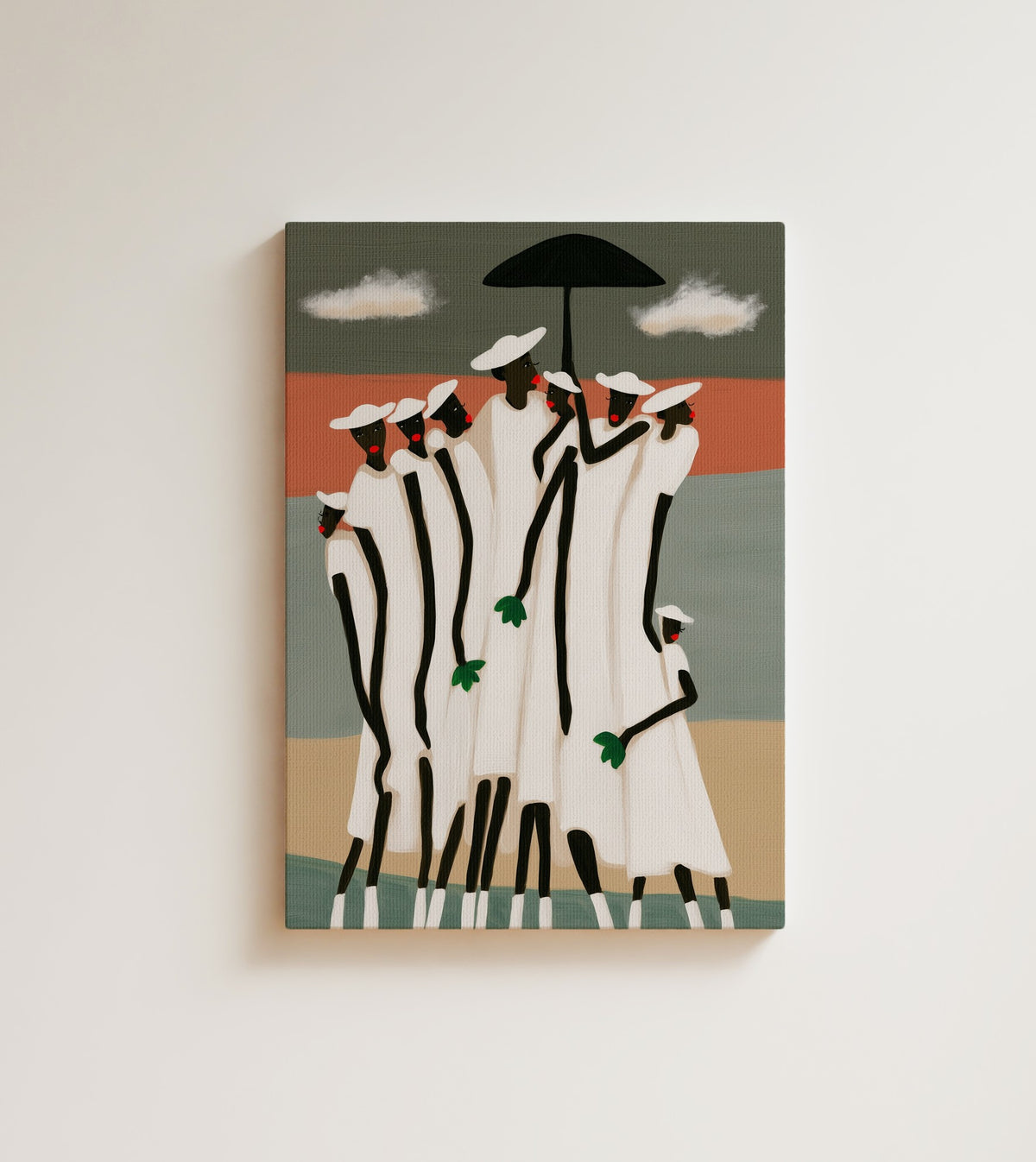 Under One Umbrella: everybody fits under the umbrella if everybody leans in. Canvas wall art, shown on a plain wall