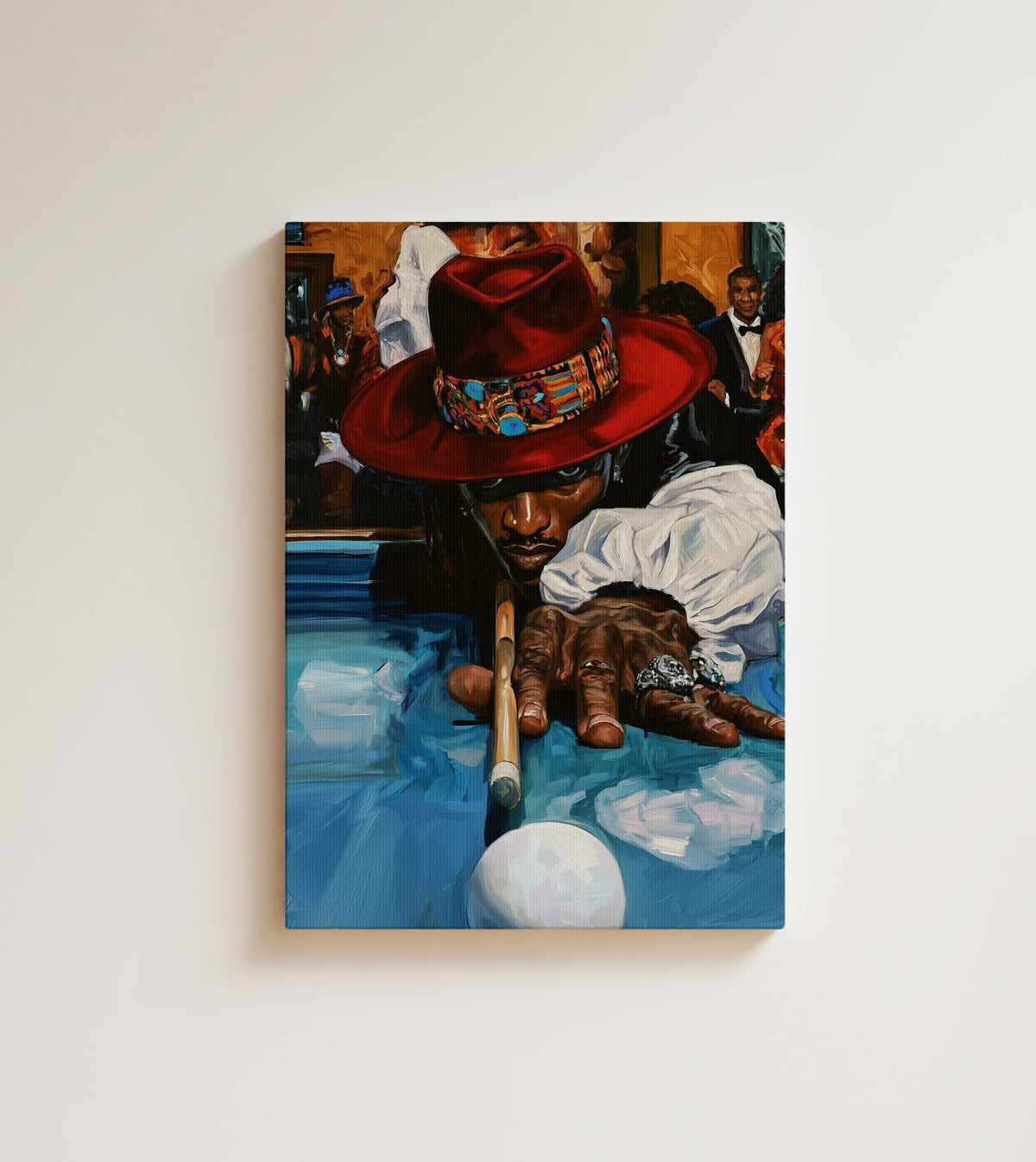 Last Shot at Midnight: he isn't rushing the shot, one hand flat on the felt, silver rings catching the light. Canvas wall art, shown on a plain wall