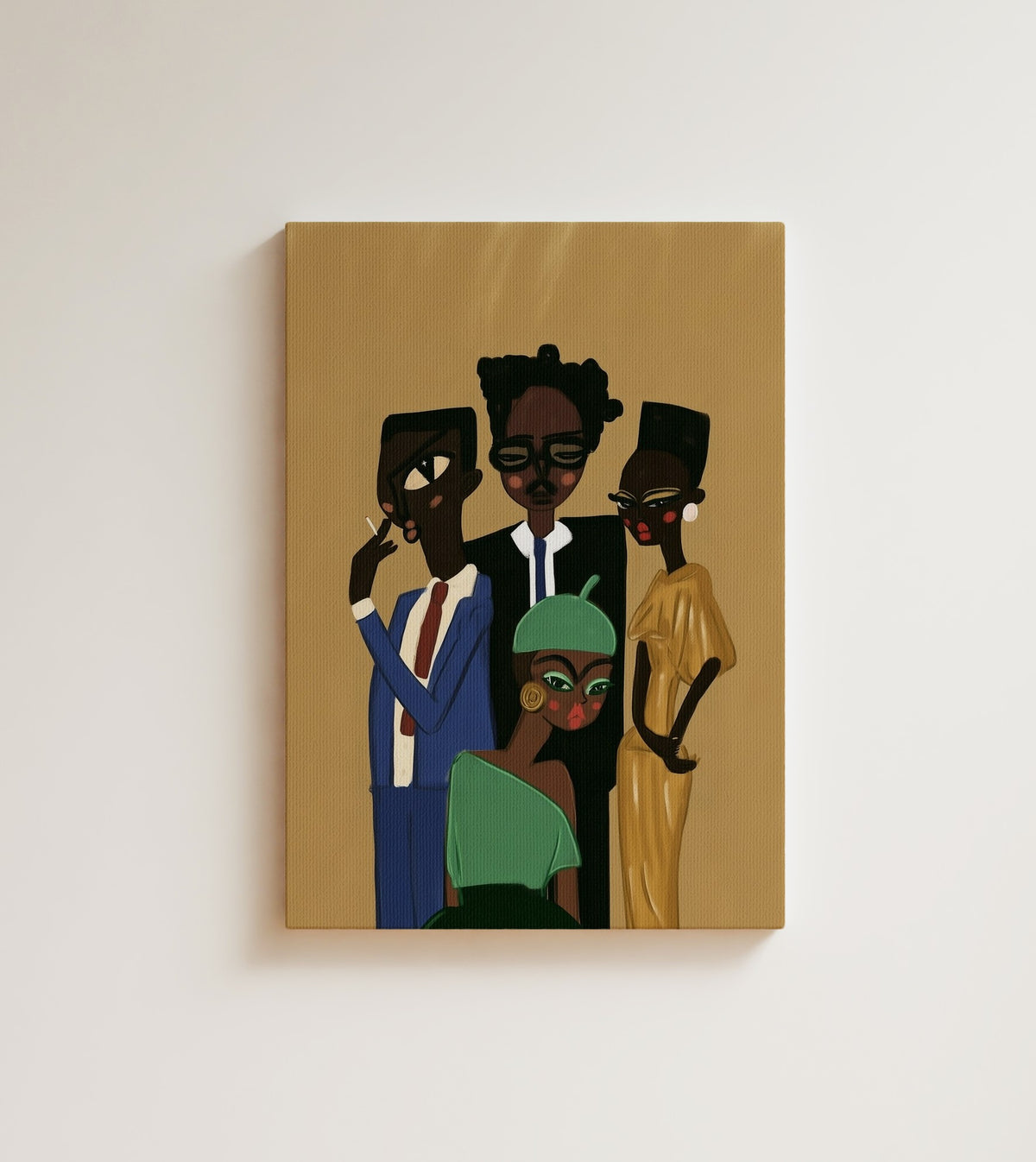 Dressed for Sunday: four stylish friends pose close together against an ochre yellow wall, sharp suits. Canvas wall art, shown on a plain wall