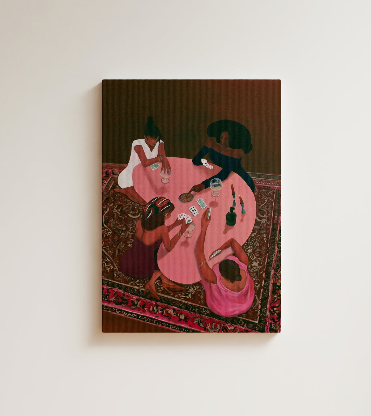 The Card Game: four friends, one deck of cards, and nobody is letting anybody win. Canvas wall art, shown on a plain wall