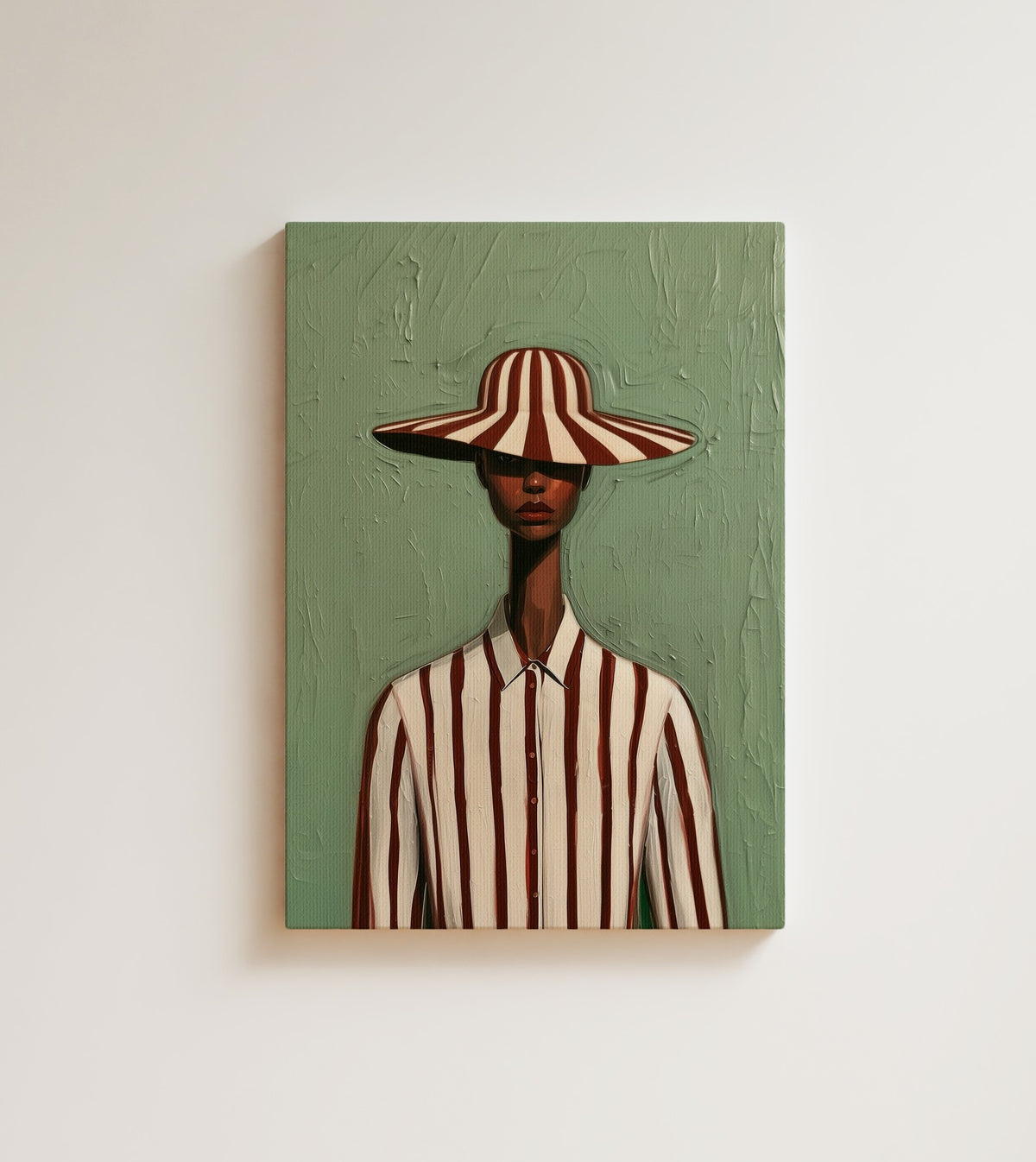 Striped Composure: A Black woman in a red and cream striped wide-brim hat and a matching striped shirt. Canvas wall art, shown on a plain wall
