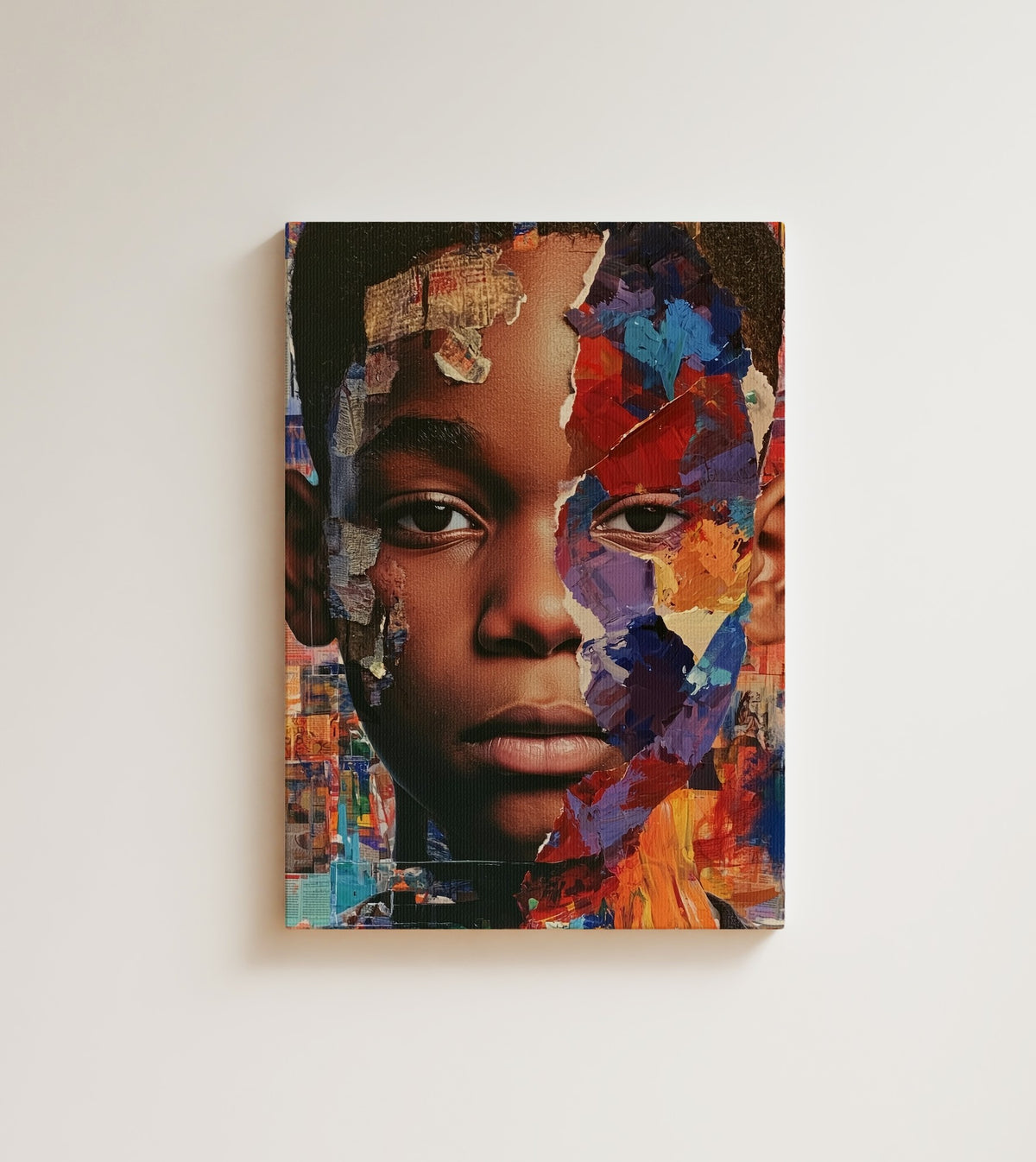 Becoming: A face can hold every color of the life still ahead of it. Canvas wall art, shown on a plain wall