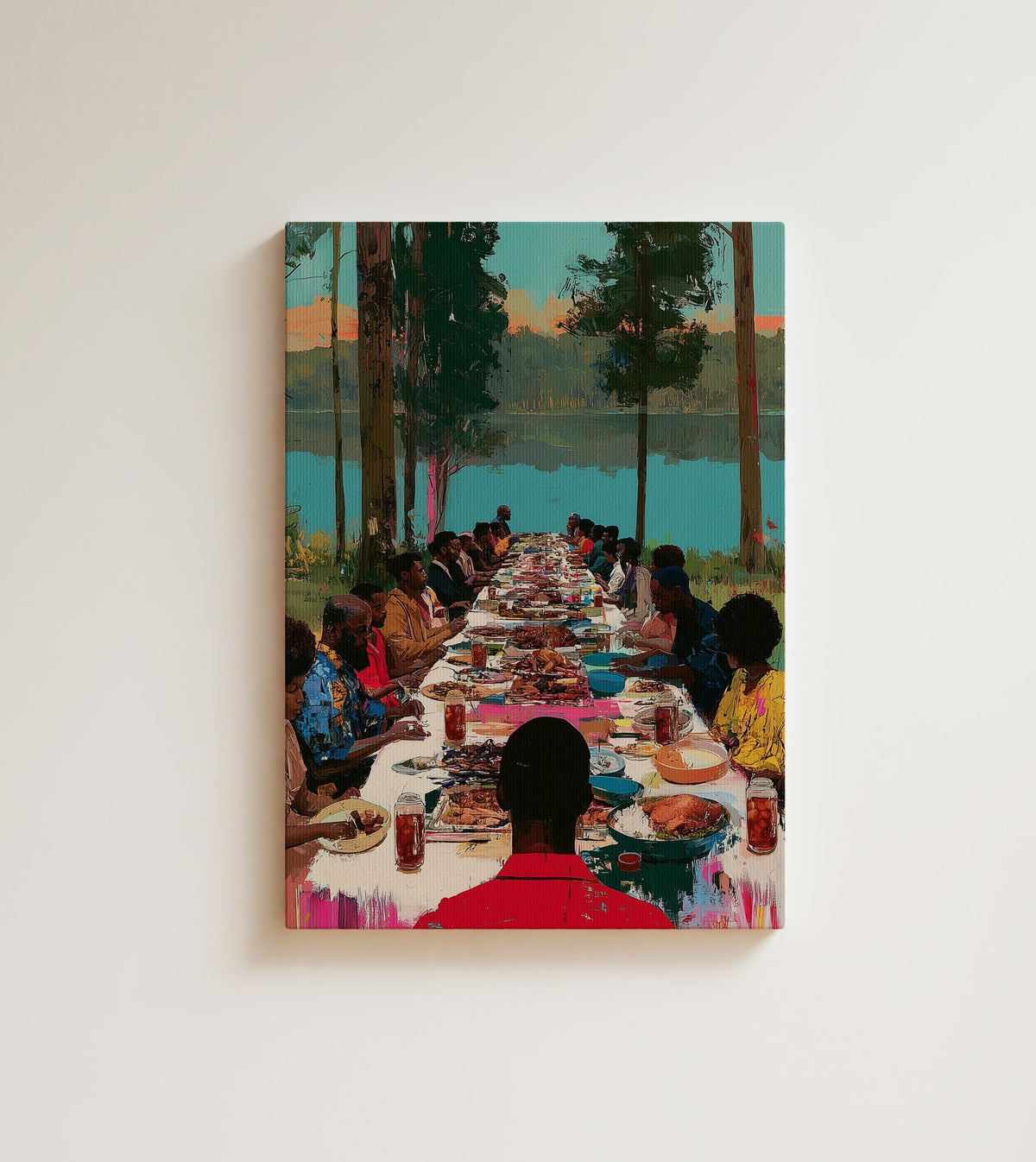 Lakeside Supper: the plates are full, the talk is loud, and nobody is going anywhere. Canvas wall art, shown on a plain wall