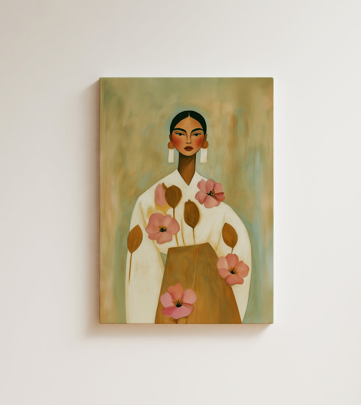Soft Bloom: A woman in a cream blouse scattered with pink poppies stands calm against a soft beige ground. Canvas wall art, shown on a plain wall