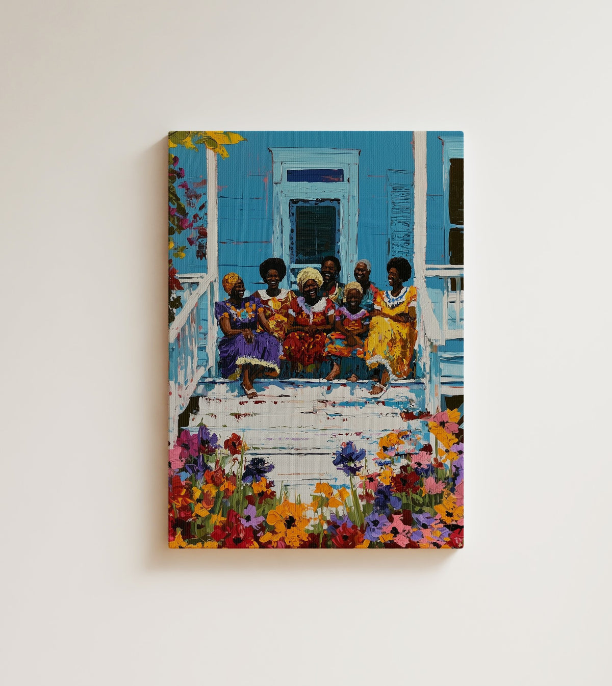 Front Porch Reunion: some of the best days happen on the front steps, laughing with the people who raised you. Canvas wall art, shown on a plain wall