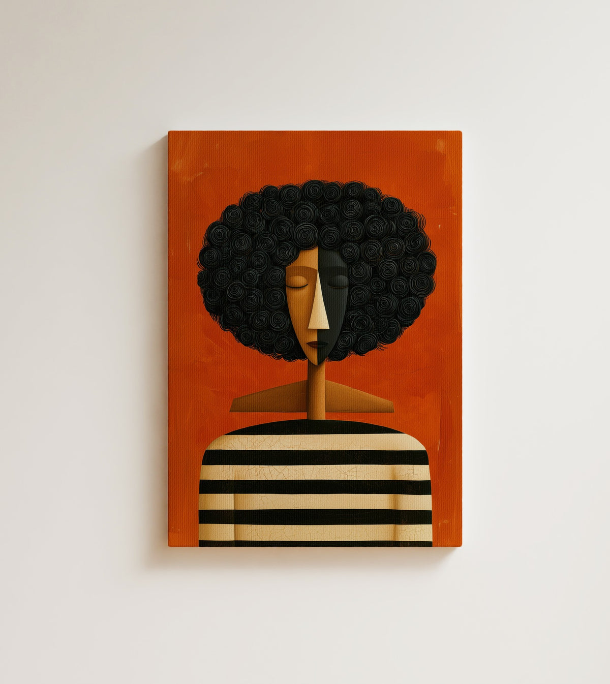 Inner Weather: her curls take up half the frame and she does not apologise for it. Canvas wall art, shown on a plain wall