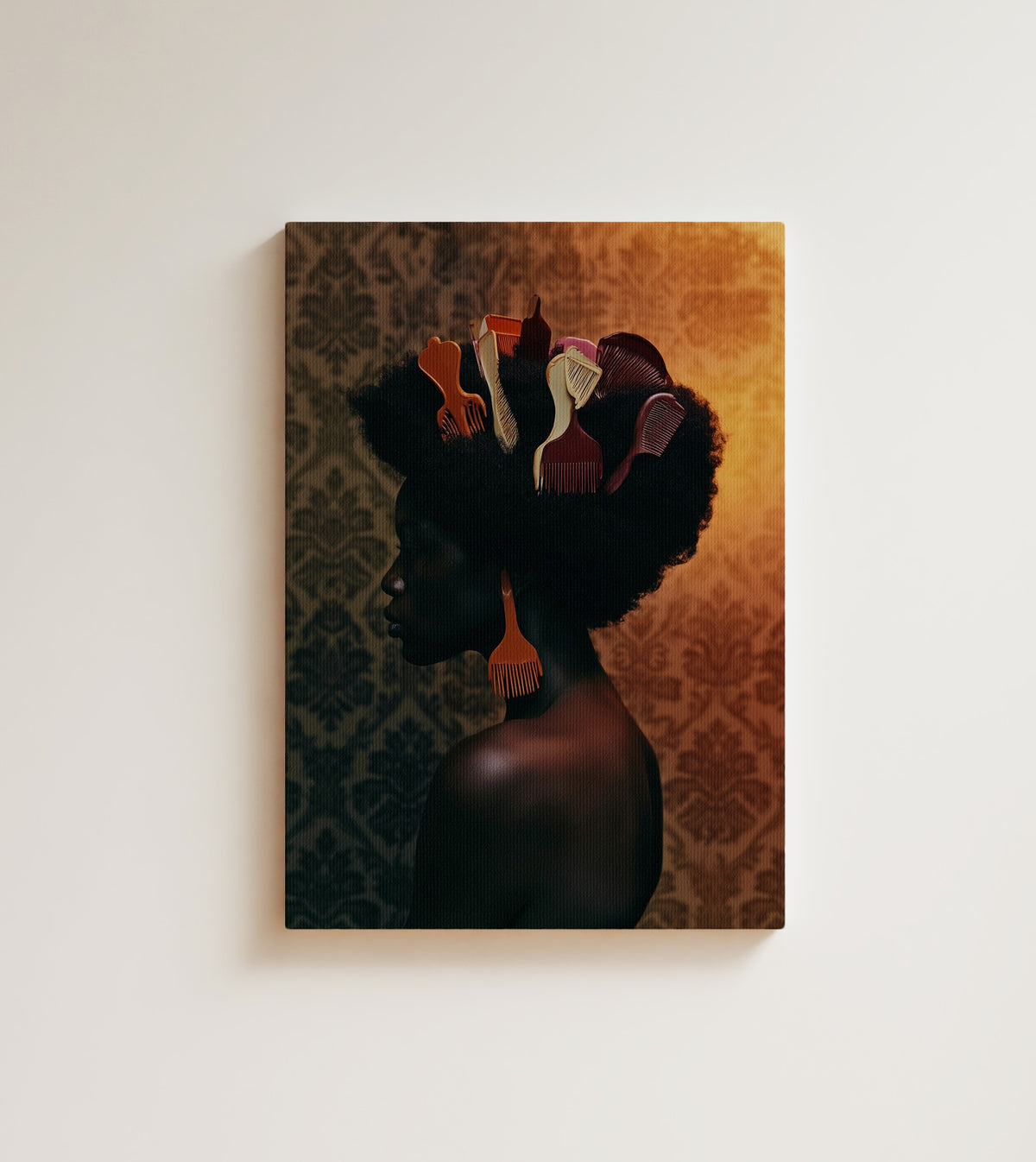 Tended Roots: A woman in profile. Canvas wall art, shown on a plain wall