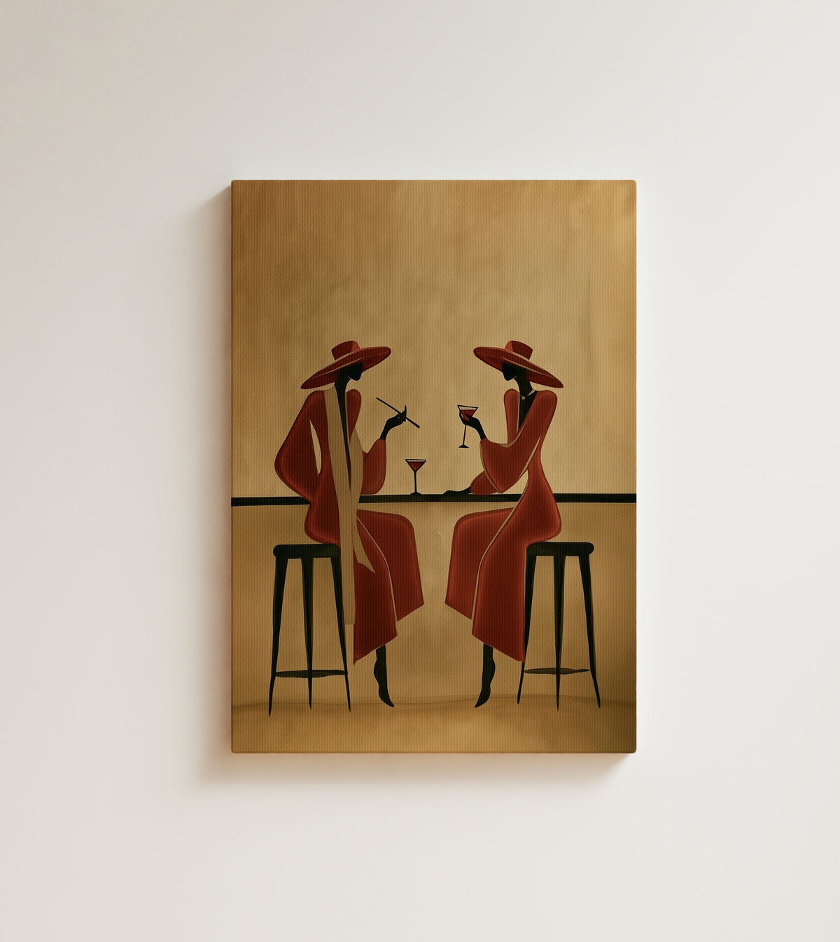 Two at the Bar: two Black women in wide-brimmed hats and rust red coats sit on bar stools. Canvas wall art, shown on a plain wall