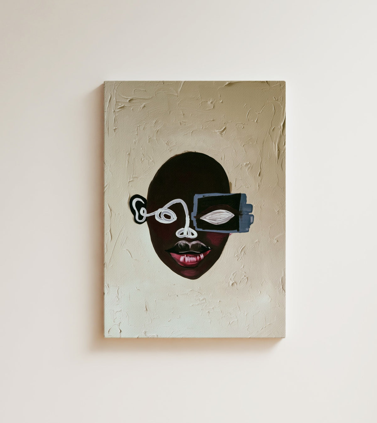 Half Seen: A Black woman's dark oval face drawn in one looping white line, with a single blue square for an eye. Canvas wall art, shown on a plain wall