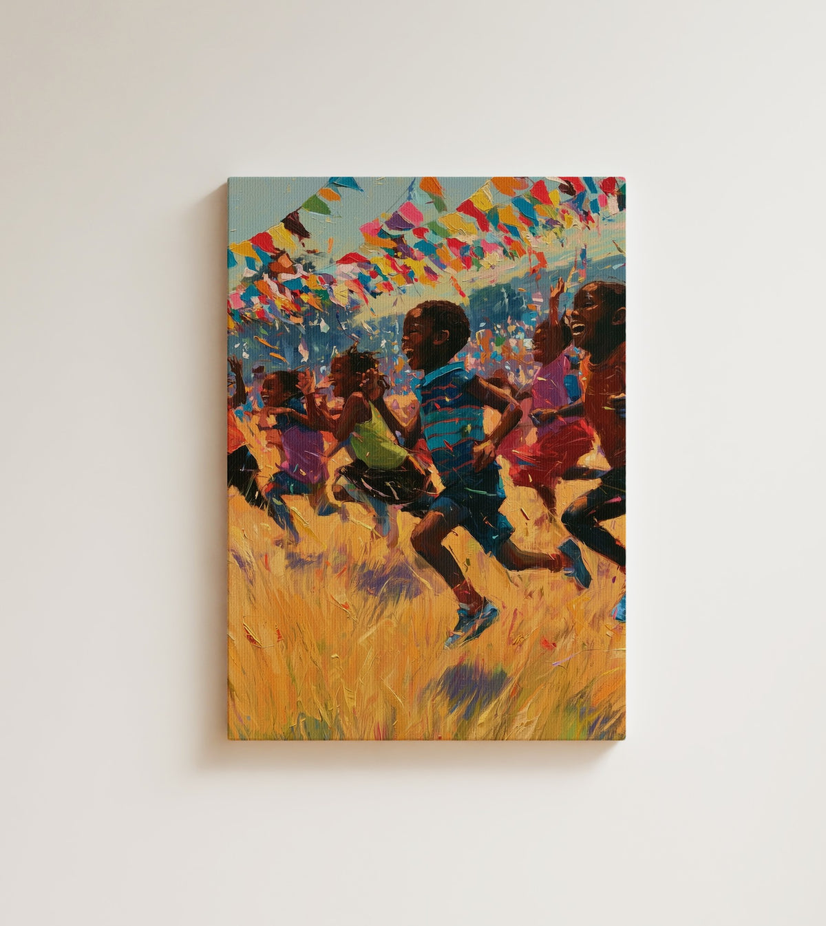 Summer Field Day: childhood sounds like bare feet in dry grass and a finish line nobody remembers drawing. Canvas wall art, shown on a plain wall
