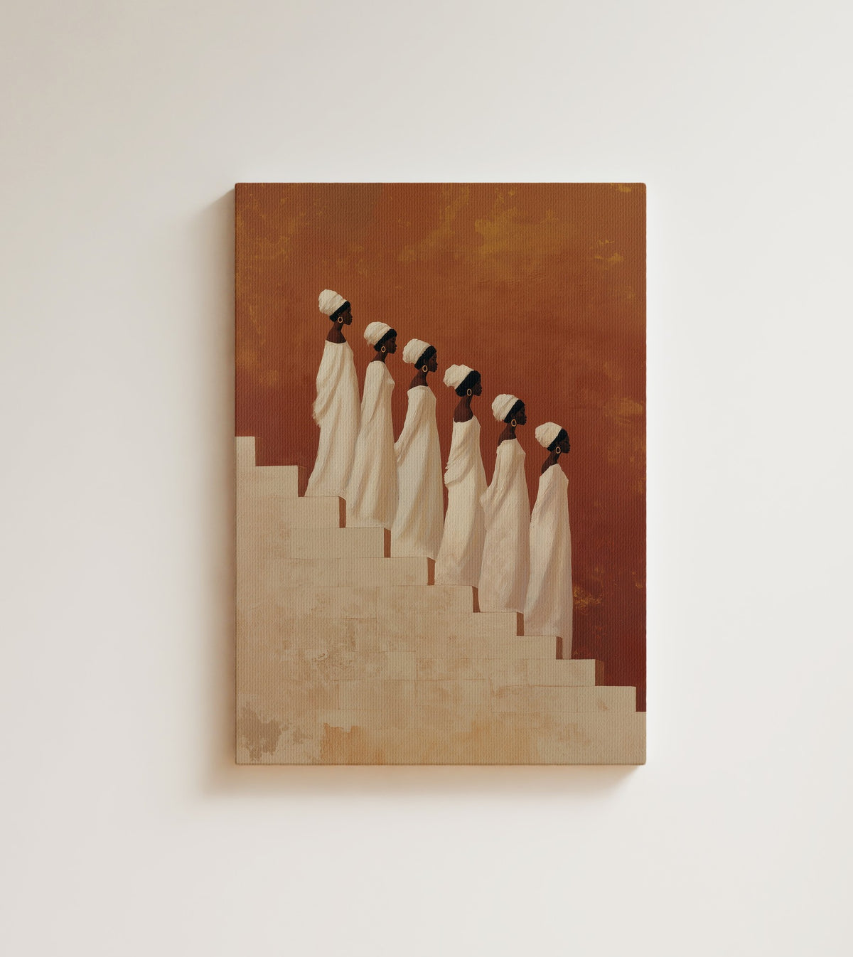 The Procession: six figures in white robes and head wraps climb a pale stone staircase in single file. Canvas wall art, shown on a plain wall