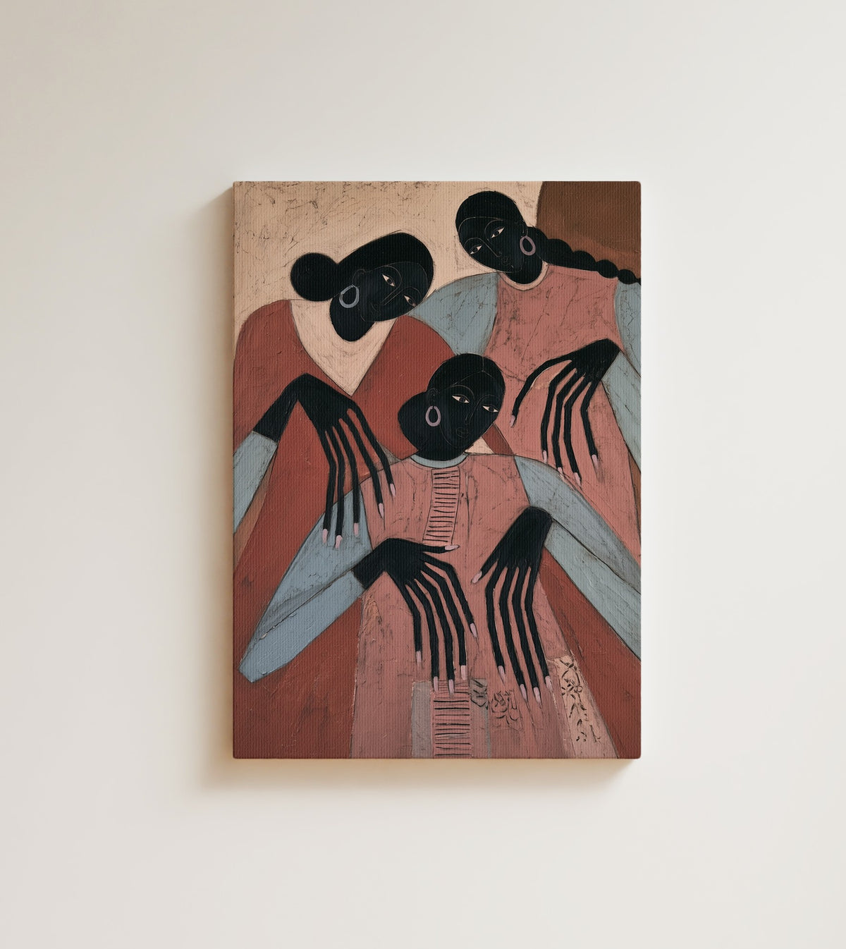 Close Counsel: three African American women with silver hoops and long, elegant hands. Canvas wall art, shown on a plain wall