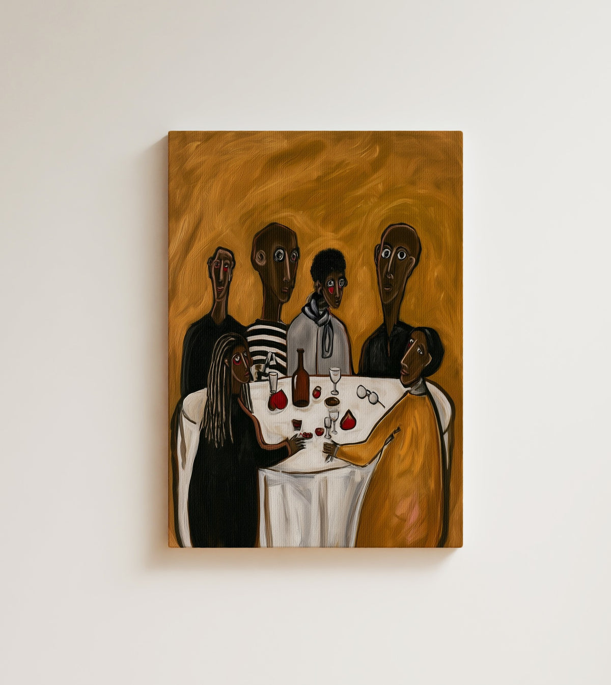 The Second Bottle: six African American figures gather round a small white-clothed table with wine and glasses. Canvas wall art, shown on a plain wall