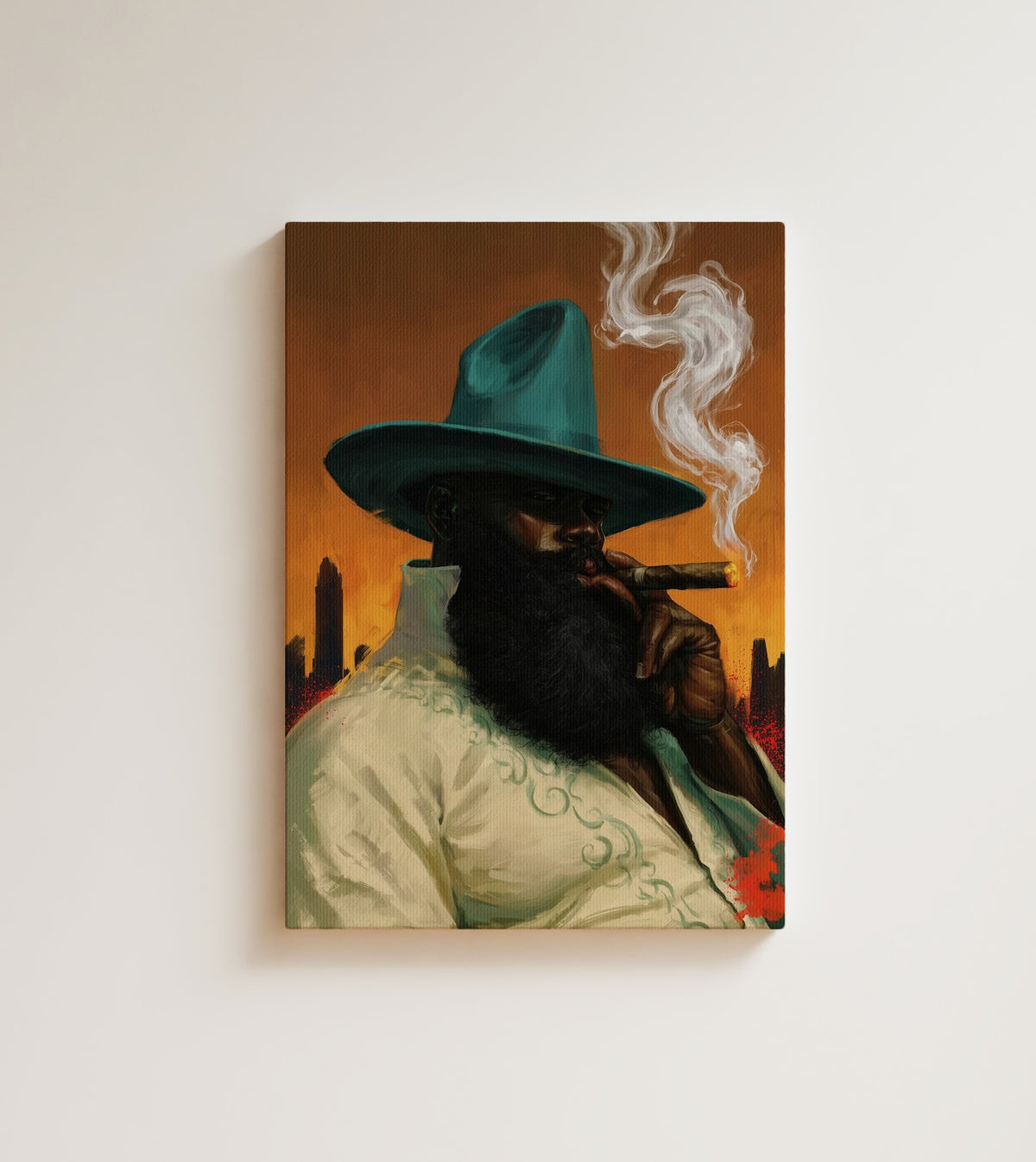 The Patron: A Black man under a wide teal brim, a lit cigar, an amber sky behind a dark city skyline. Canvas wall art, shown on a plain wall