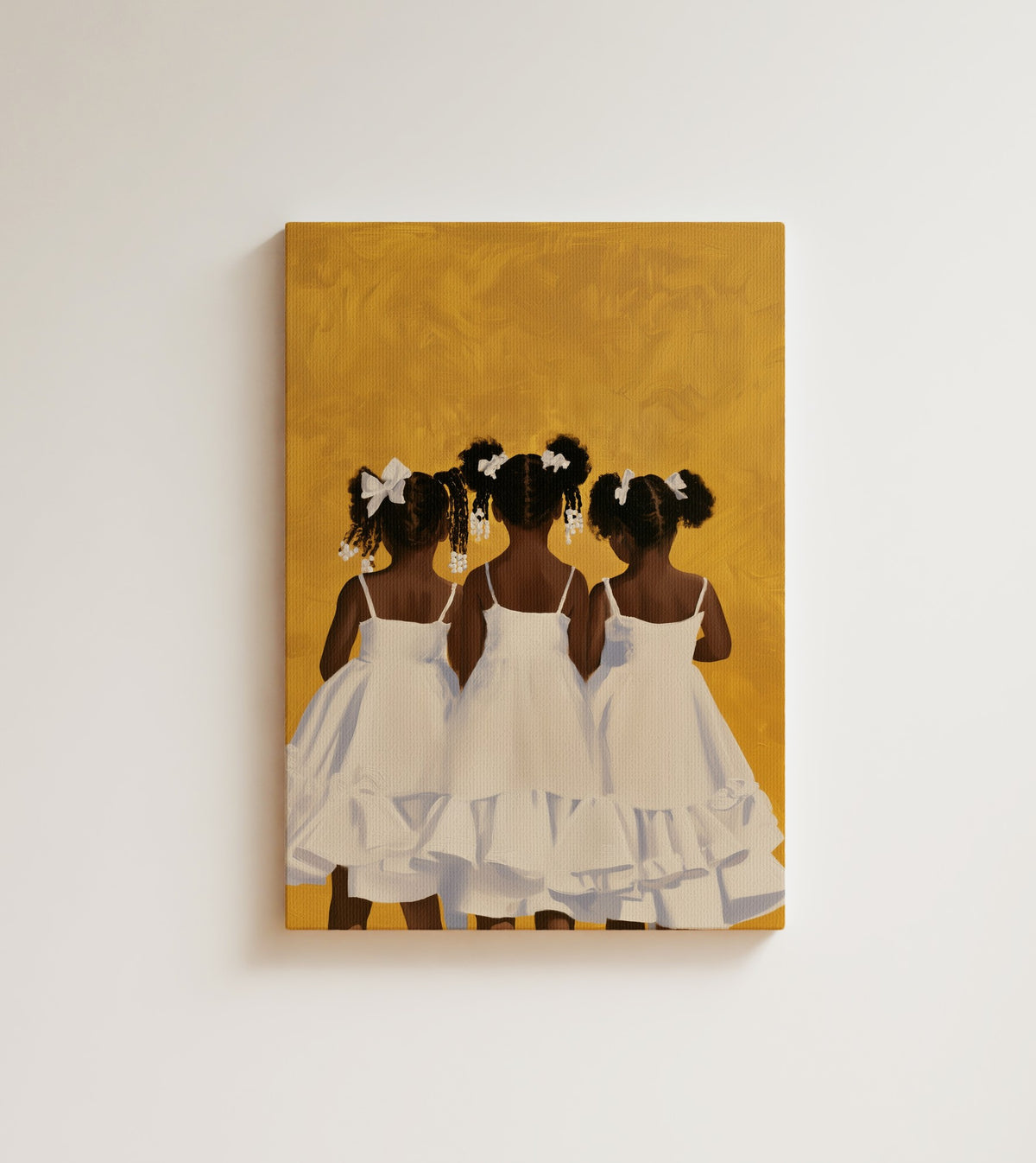 Before the Photograph: three little girls seen from behind in matching white tulle dresses and bows. Canvas wall art, shown on a plain wall