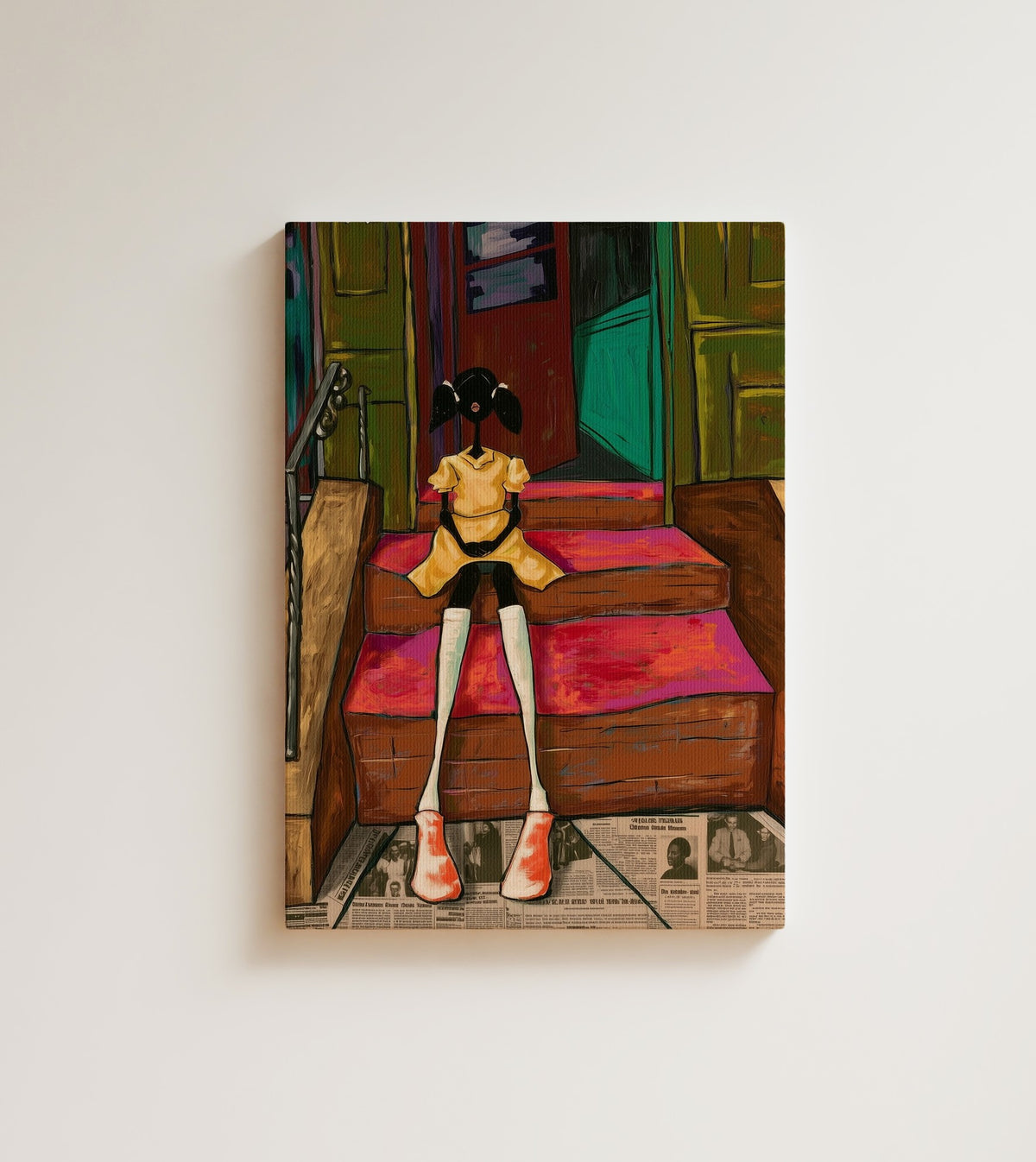 Girl on the Stoop: A little girl in a yellow dress and pigtails sits on red painted steps in front of a green doorway. Canvas wall art, shown on a plain wall