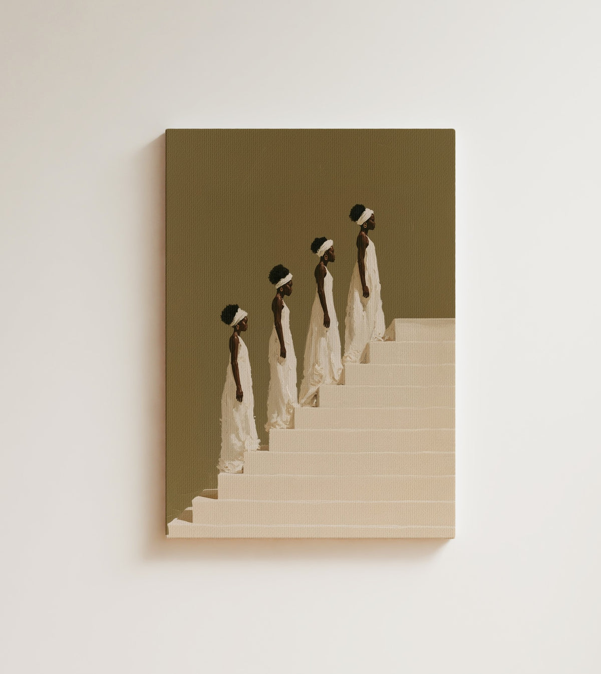 The Ascent: four women in white gowns and headwraps descend a cream staircase one behind another. Canvas wall art, shown on a plain wall