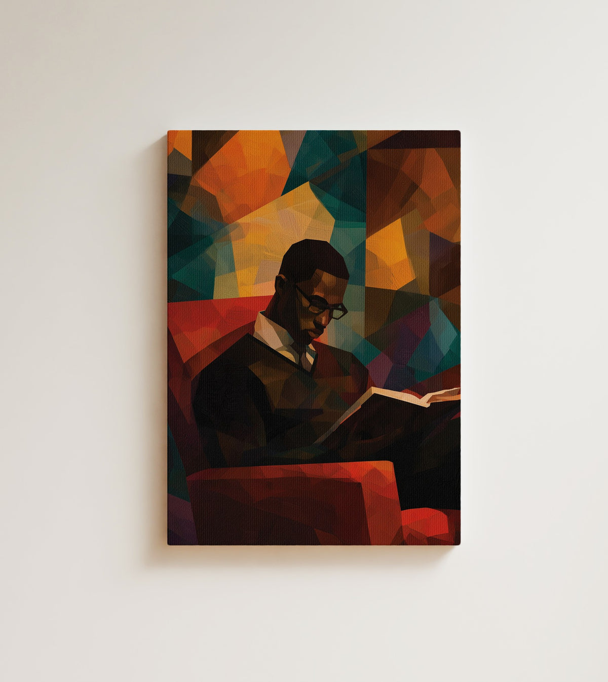 Faceted Thought: A good chair, a better book, and the world can wait an hour. Canvas wall art, shown on a plain wall