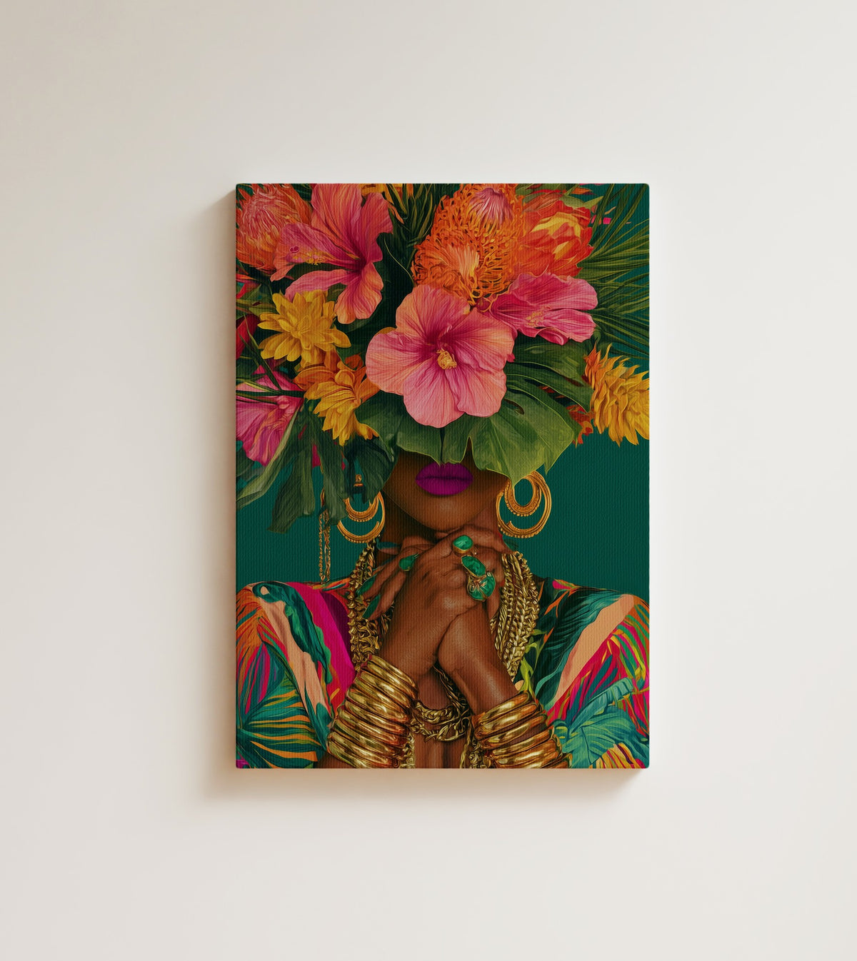 Woman with Hibiscus: some women walk in and the room smells like a garden. Canvas wall art, shown on a plain wall