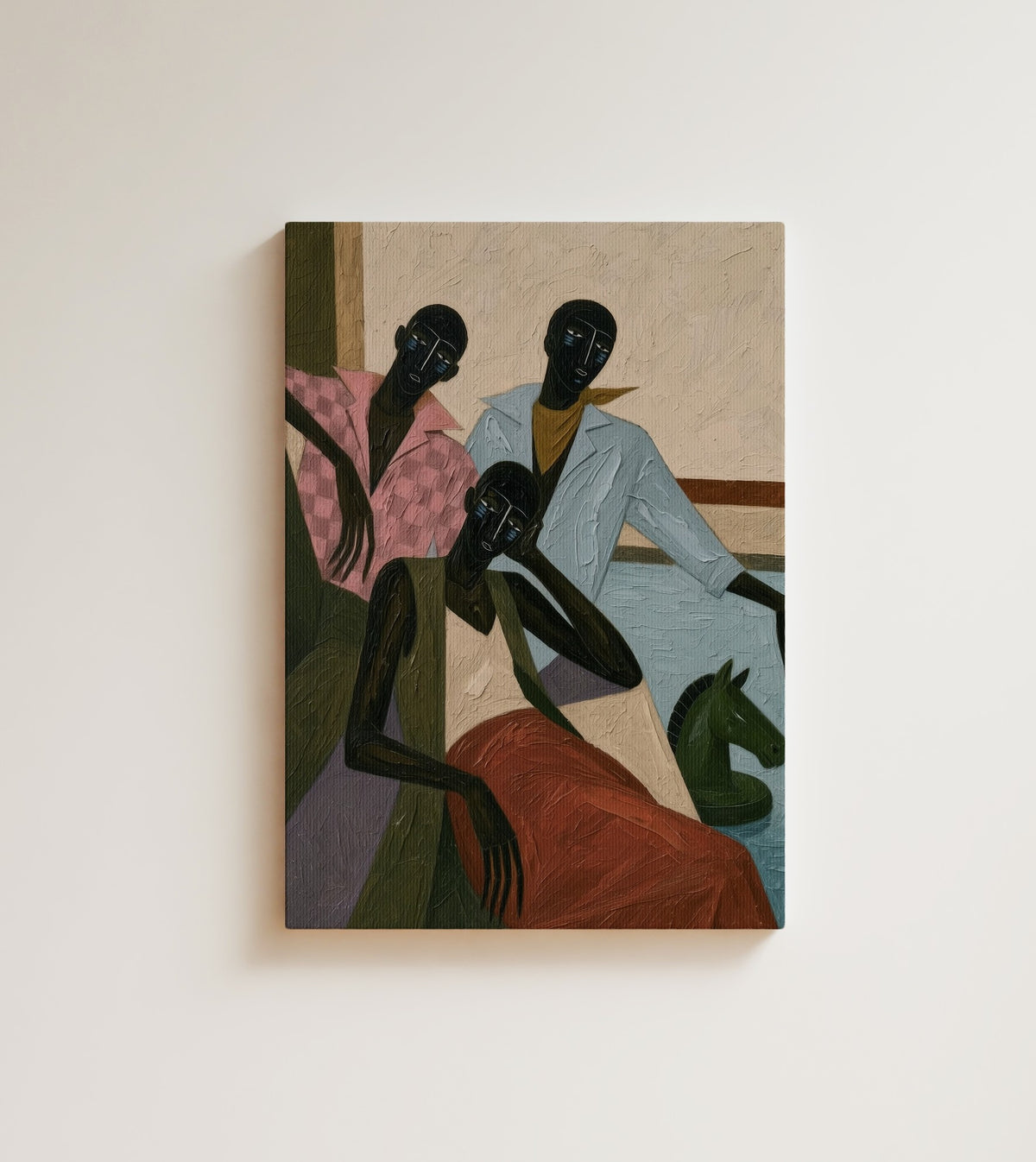 The Chess Players: three African American figures in a pink checked shirt. Canvas wall art, shown on a plain wall