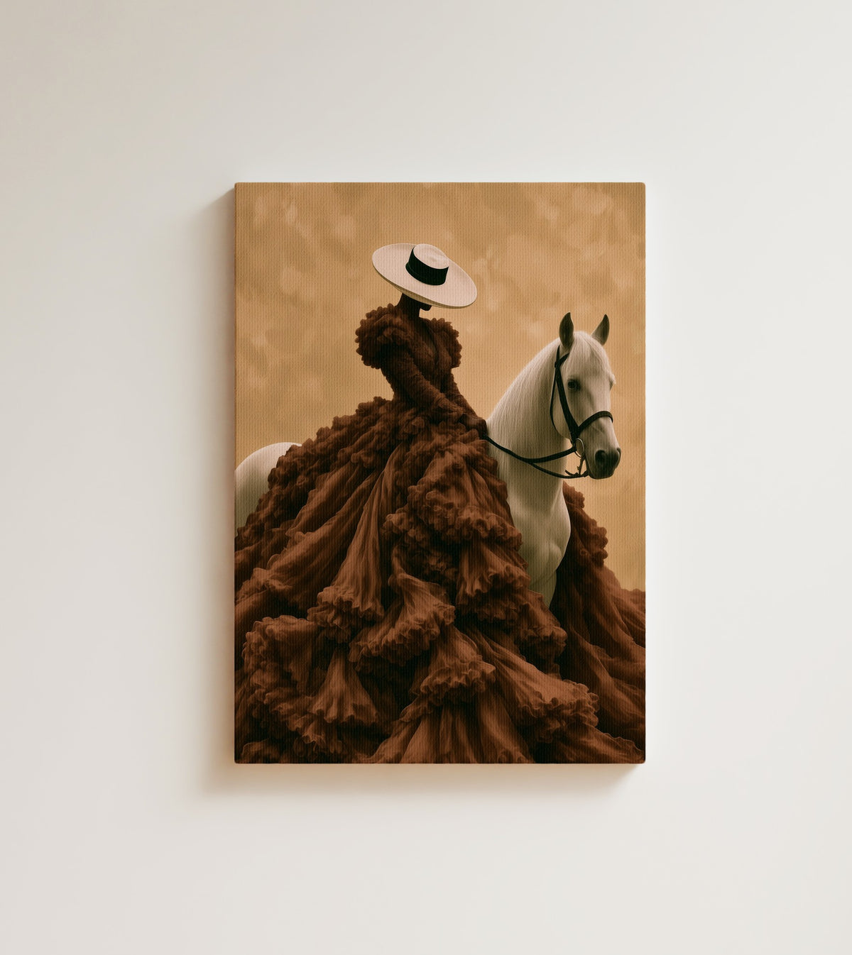 Lady in Chocolate Tulle: An African American woman in a chocolate brown ruffled gown and a white hat. Canvas wall art, shown on a plain wall