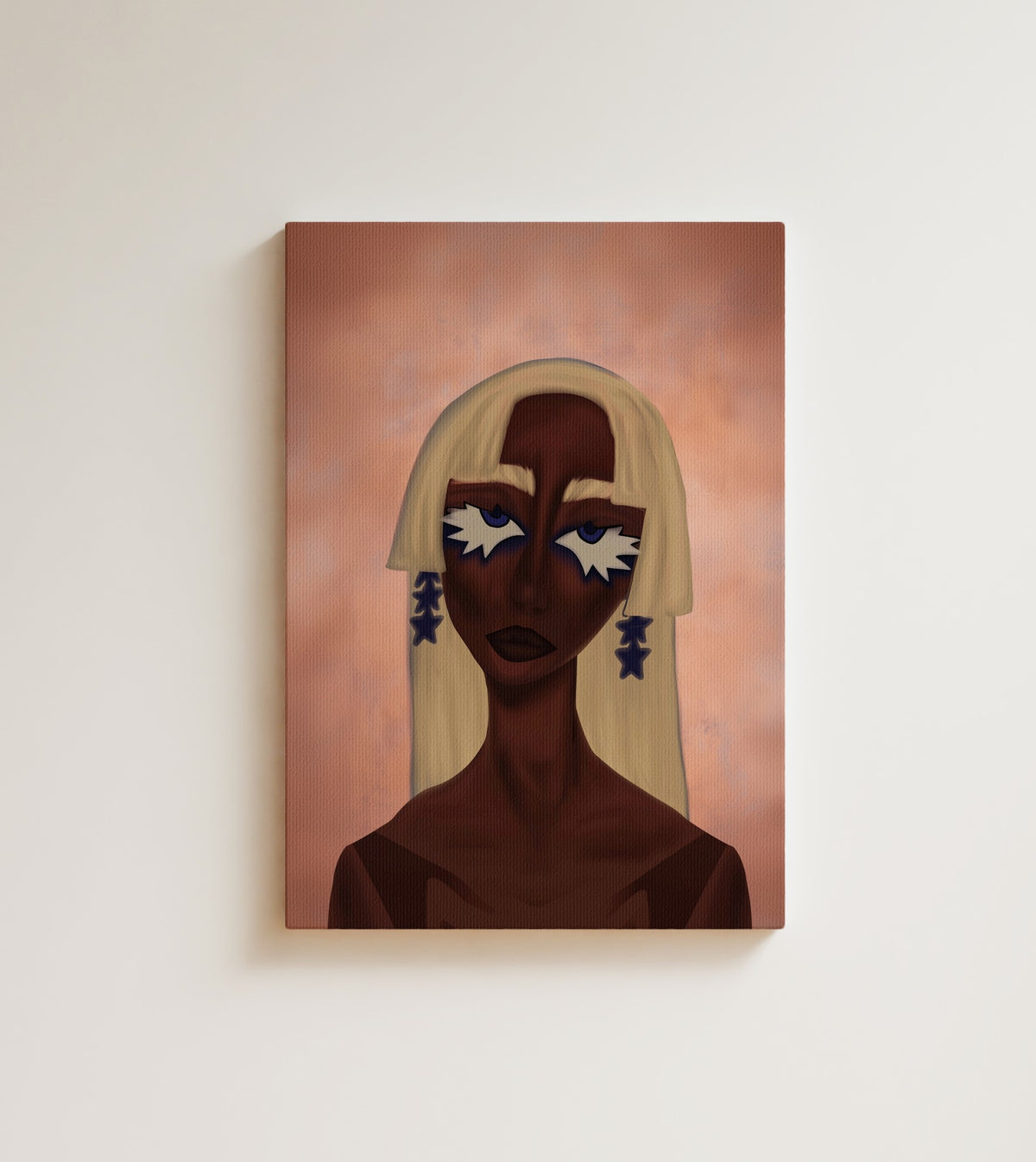 Woman with Painted Stars: A young woman with a platinum blonde bob. Canvas wall art, shown on a plain wall