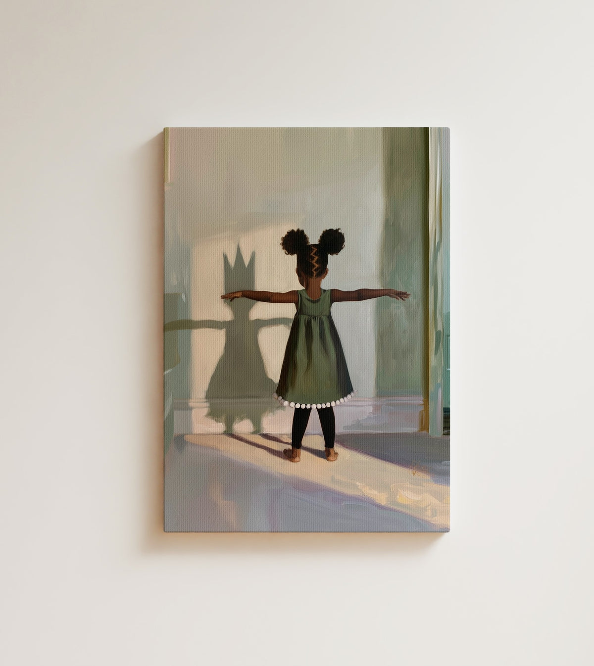 The Crowned Shadow: her shadow already knows what the mirror will learn. Canvas wall art, shown on a plain wall