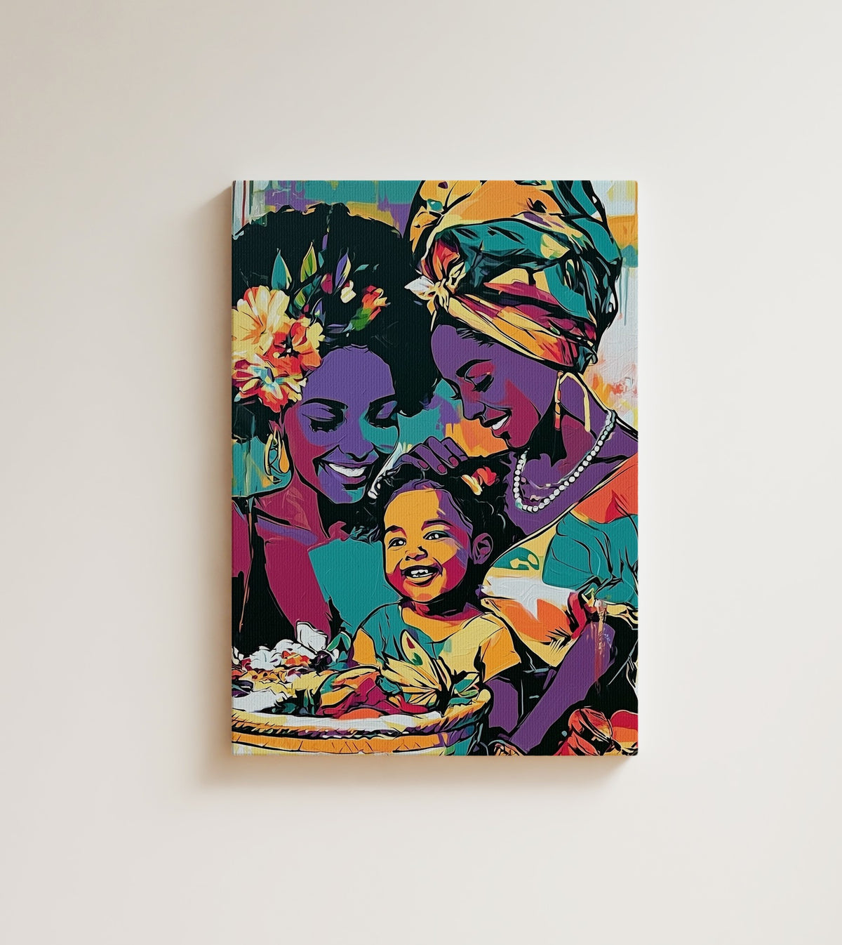 Held Between Us: two women and a small child pressed close together. Canvas wall art, shown on a plain wall