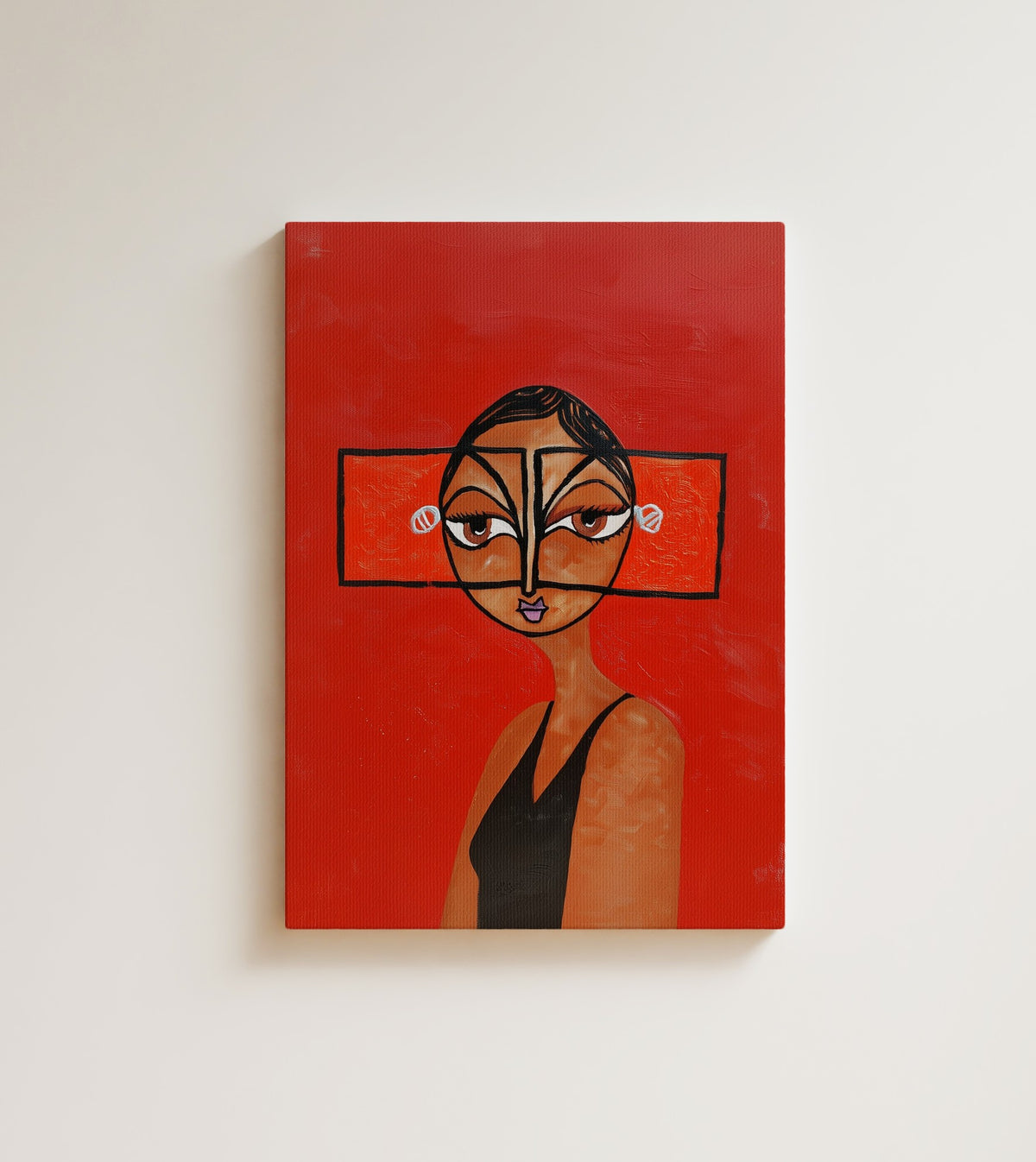Scarlet Focus: A Black woman in a black dress, her face drawn as one wide rectangle with almond eyes. Canvas wall art, shown on a plain wall