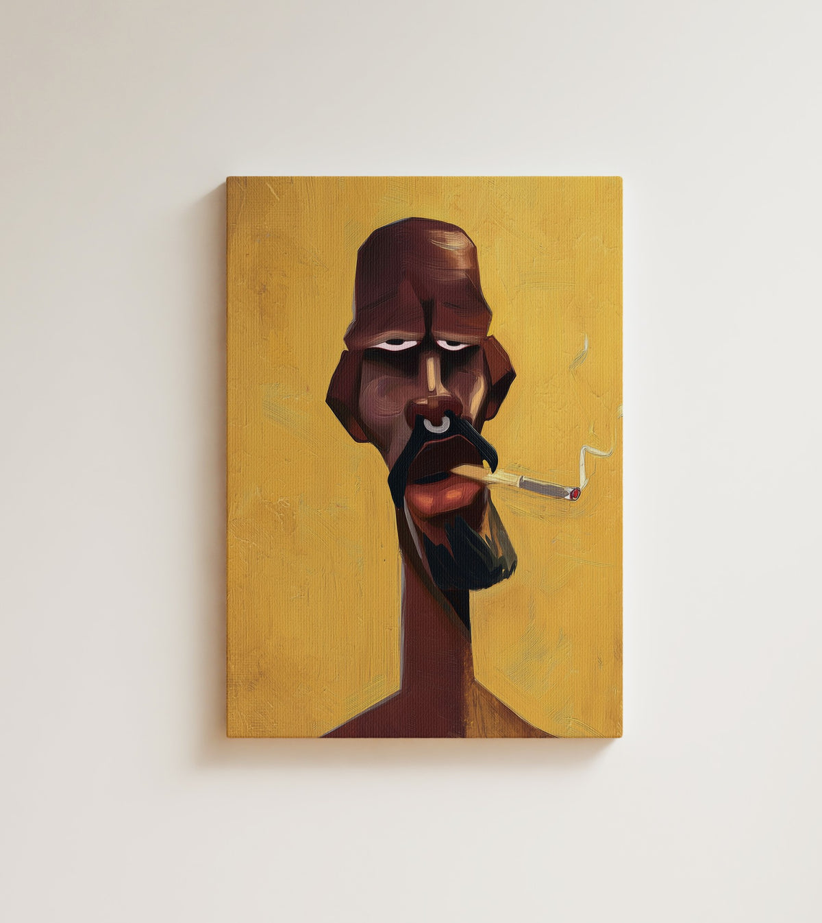 The Smoker: A Black man with a long stylised face smokes a cigarette. Canvas wall art, shown on a plain wall