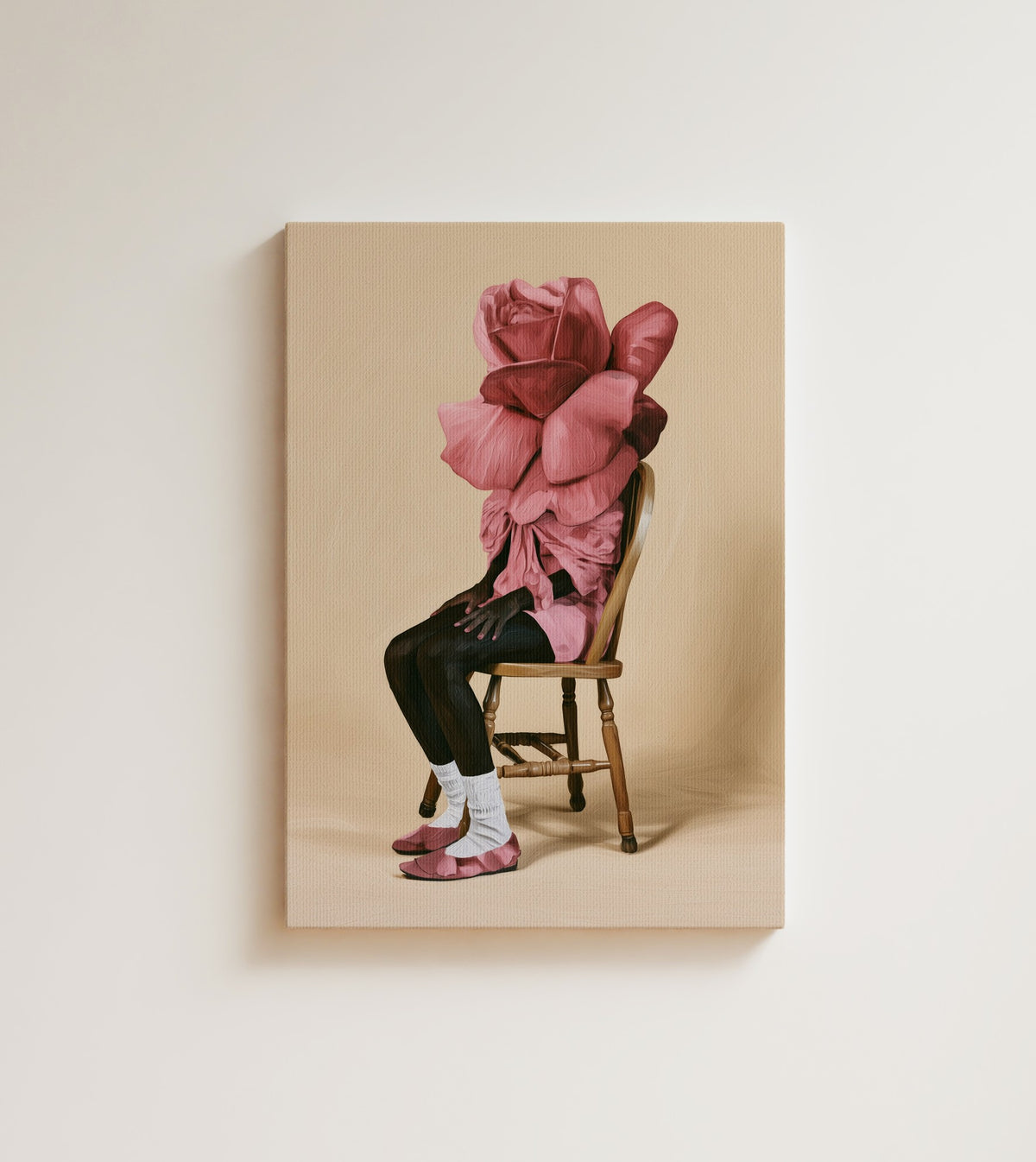 Rose Reverie: she came as a rose, and she is not explaining it. Canvas wall art, shown on a plain wall
