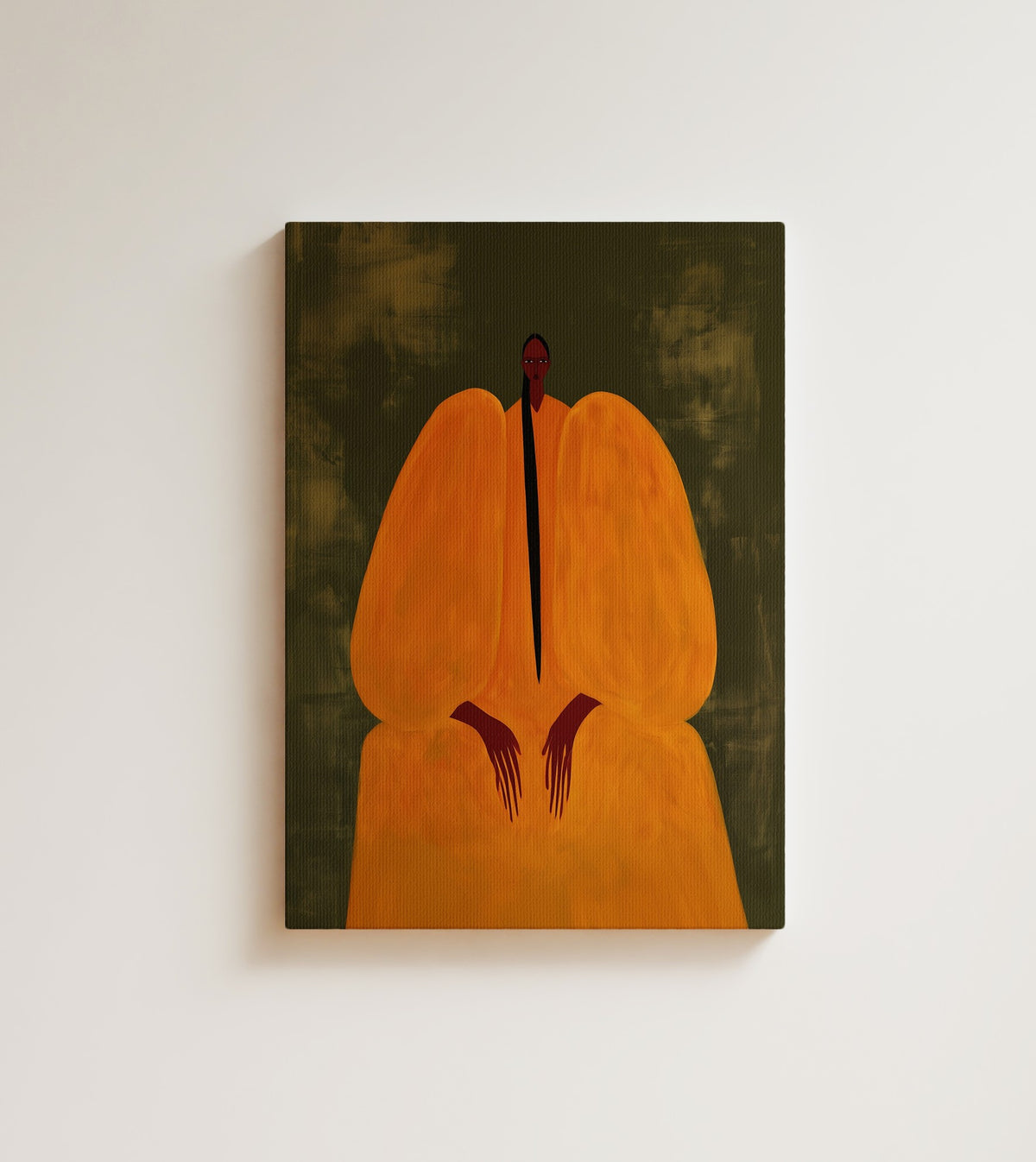 Saffron Hush: A woman drawn as one glowing orange shape, a thin line of dark hair. Canvas wall art, shown on a plain wall