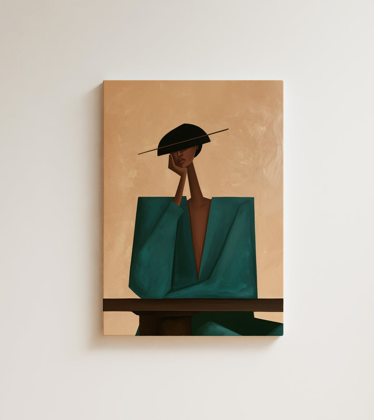 Idle Thought: A woman in a wide black hat rests her chin on her hand in a boxy teal armchair. Canvas wall art, shown on a plain wall