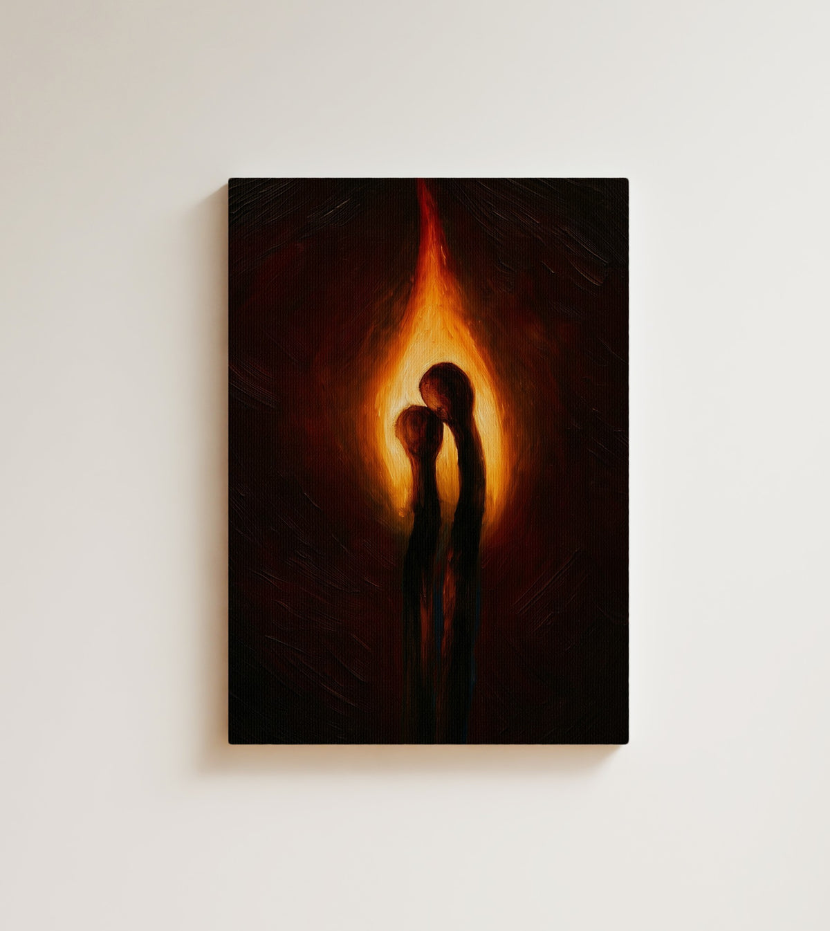 One Flame: A Black couple in silhouette stands inside a tall flame of orange light, set against deep black. Canvas wall art, shown on a plain wall
