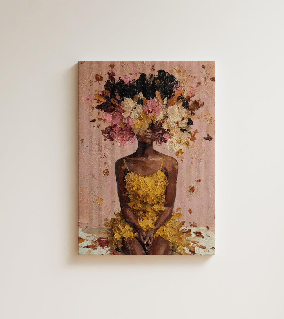 Petals Unbound: A Black woman wrapped in flowers and soft gold light, white. Canvas wall art, shown on a plain wall
