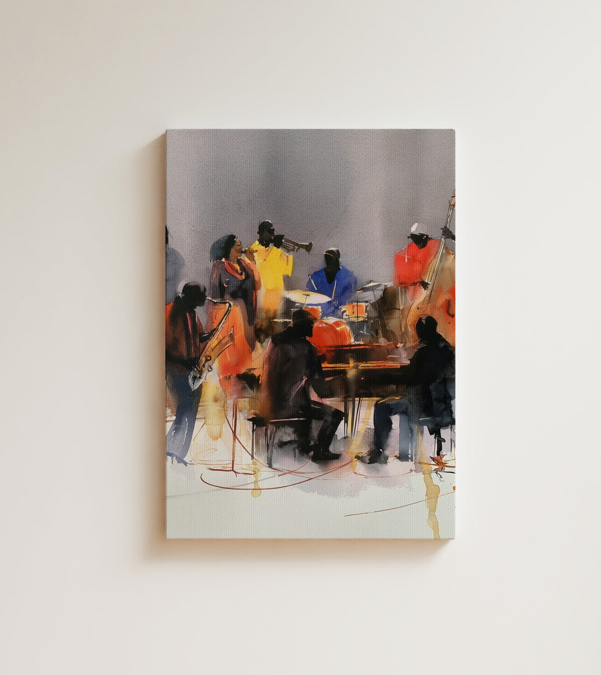 The Late Set: A jazz singer in burnt orange stands out front while horns and drums hold the room behind her. Canvas wall art, shown on a plain wall