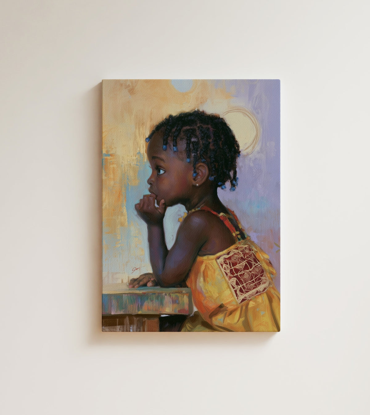 The Daydreamer: young dreamers see the whole world before they can say it. Canvas wall art, shown on a plain wall