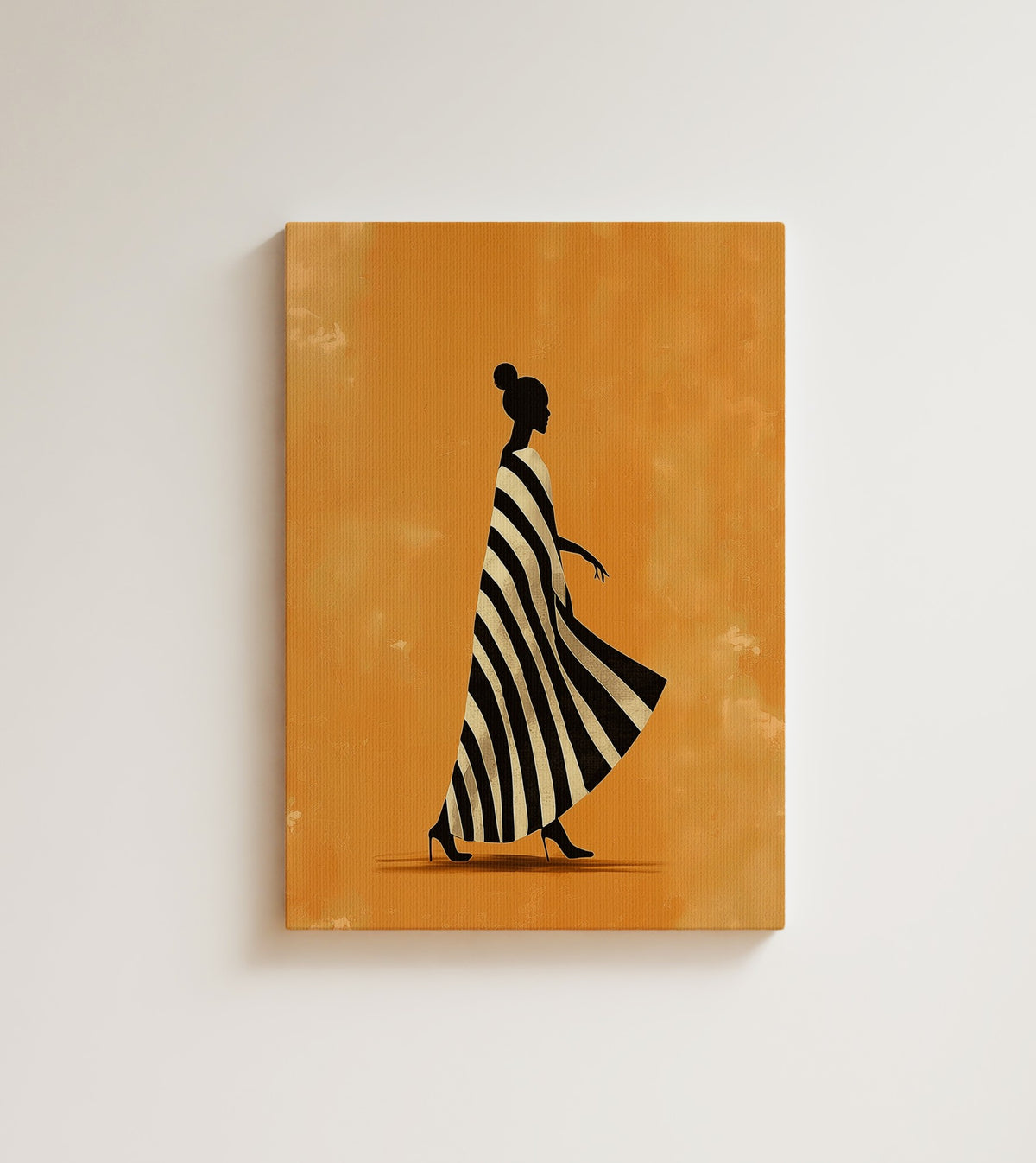 Promenade: A woman in silhouette sweeps through a warm amber orange room. Canvas wall art, shown on a plain wall
