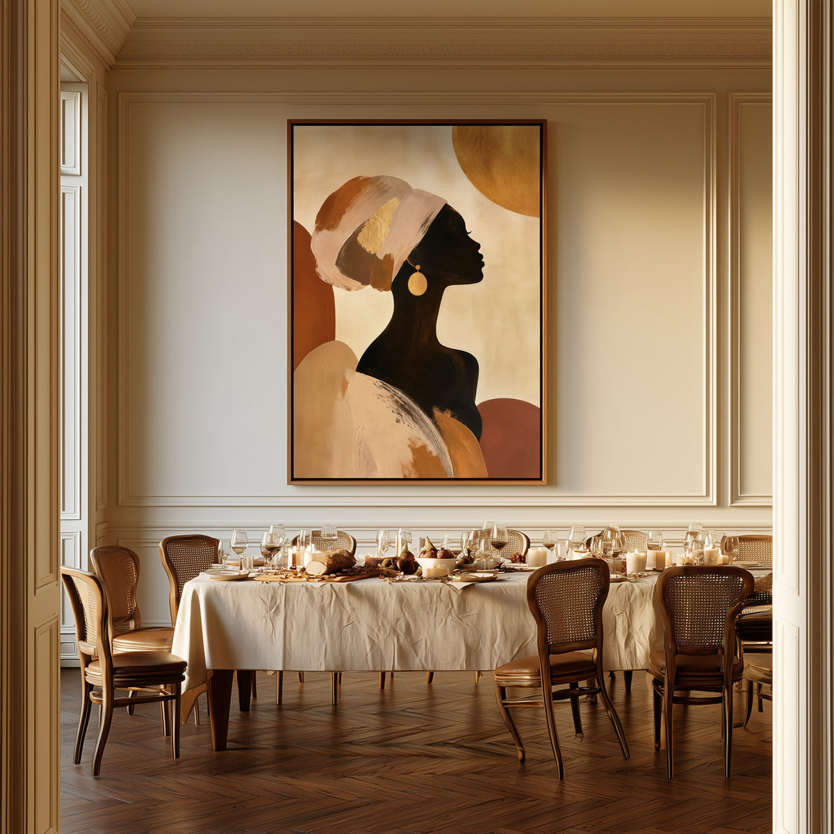 Sun Behind Her canvas above a dining table