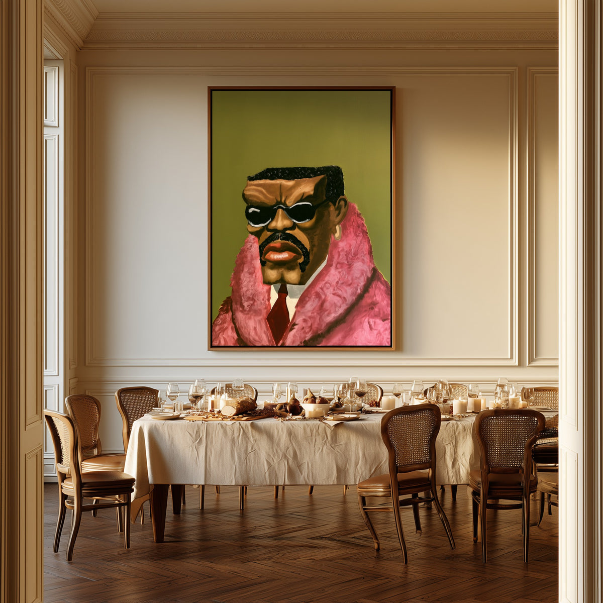 Gentleman in Pink Fur canvas above a dining table