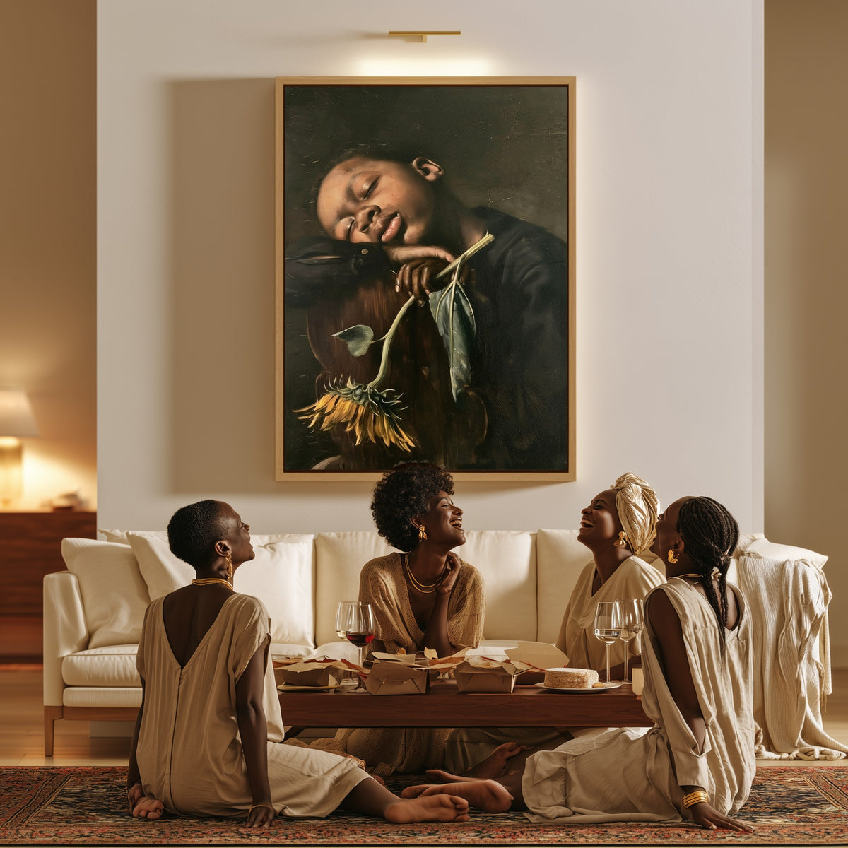 Sleeping Boy with Sunflower canvas in a living room, a family sitting together on the floor