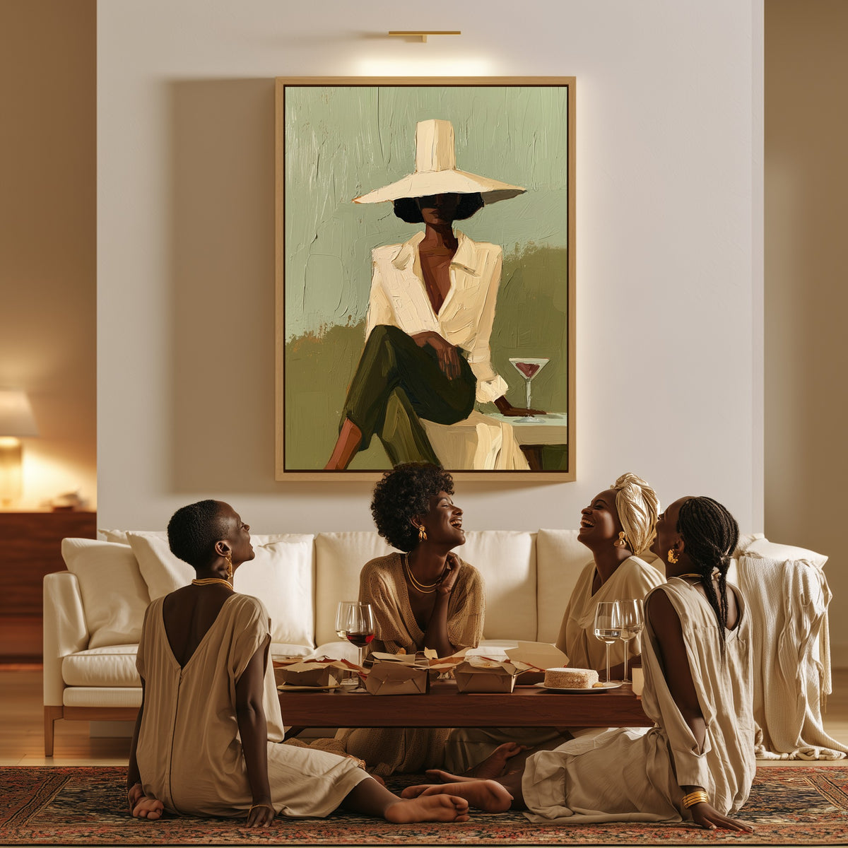 Lady with a Martini canvas in a living room, a family sitting together on the floor