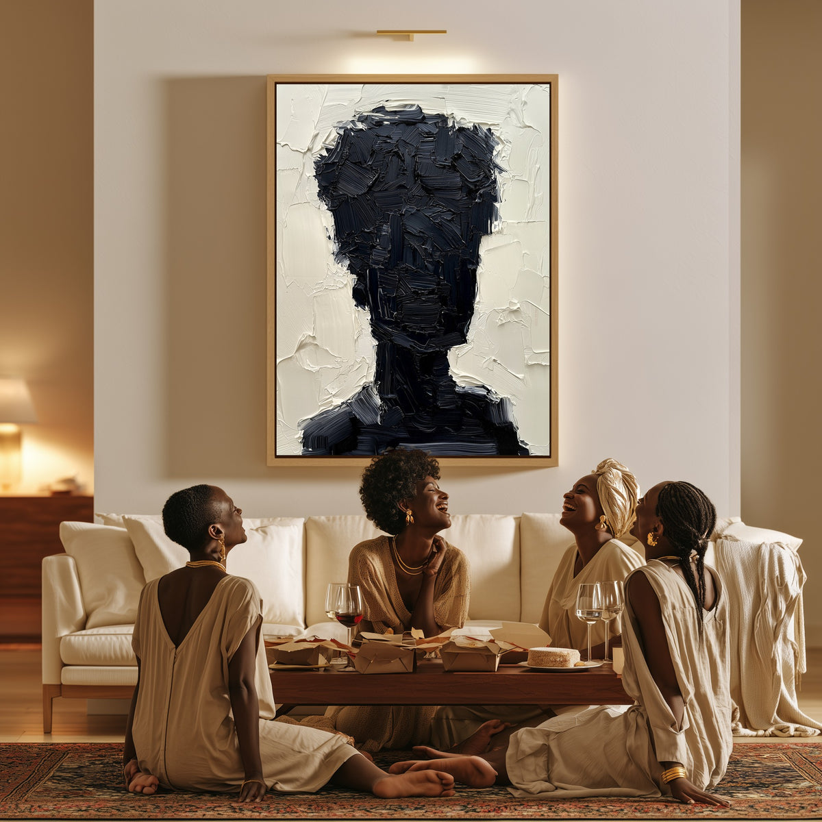 Absence canvas in a living room, a family sitting together on the floor