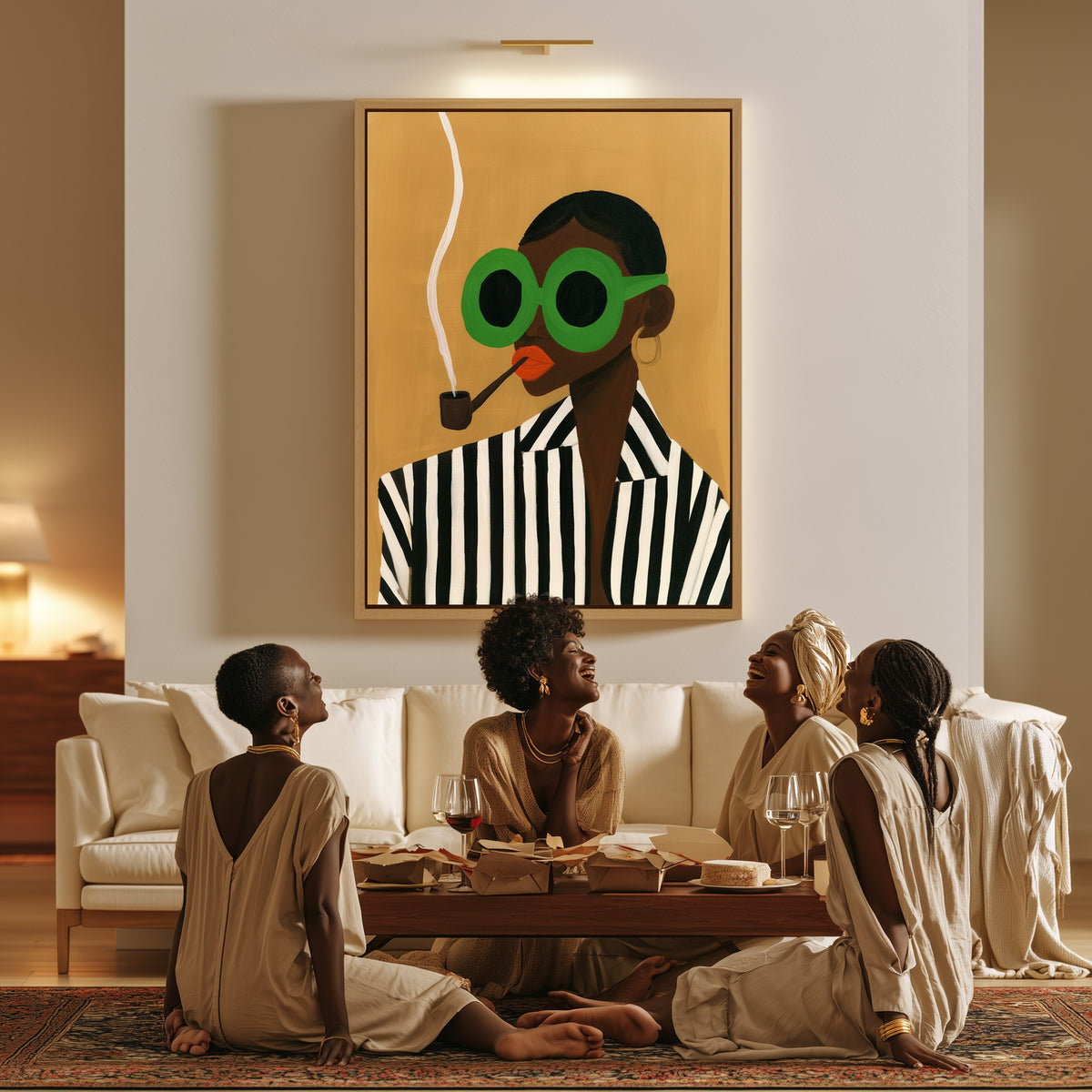 Woman with a Pipe canvas in a living room, a family sitting together on the floor