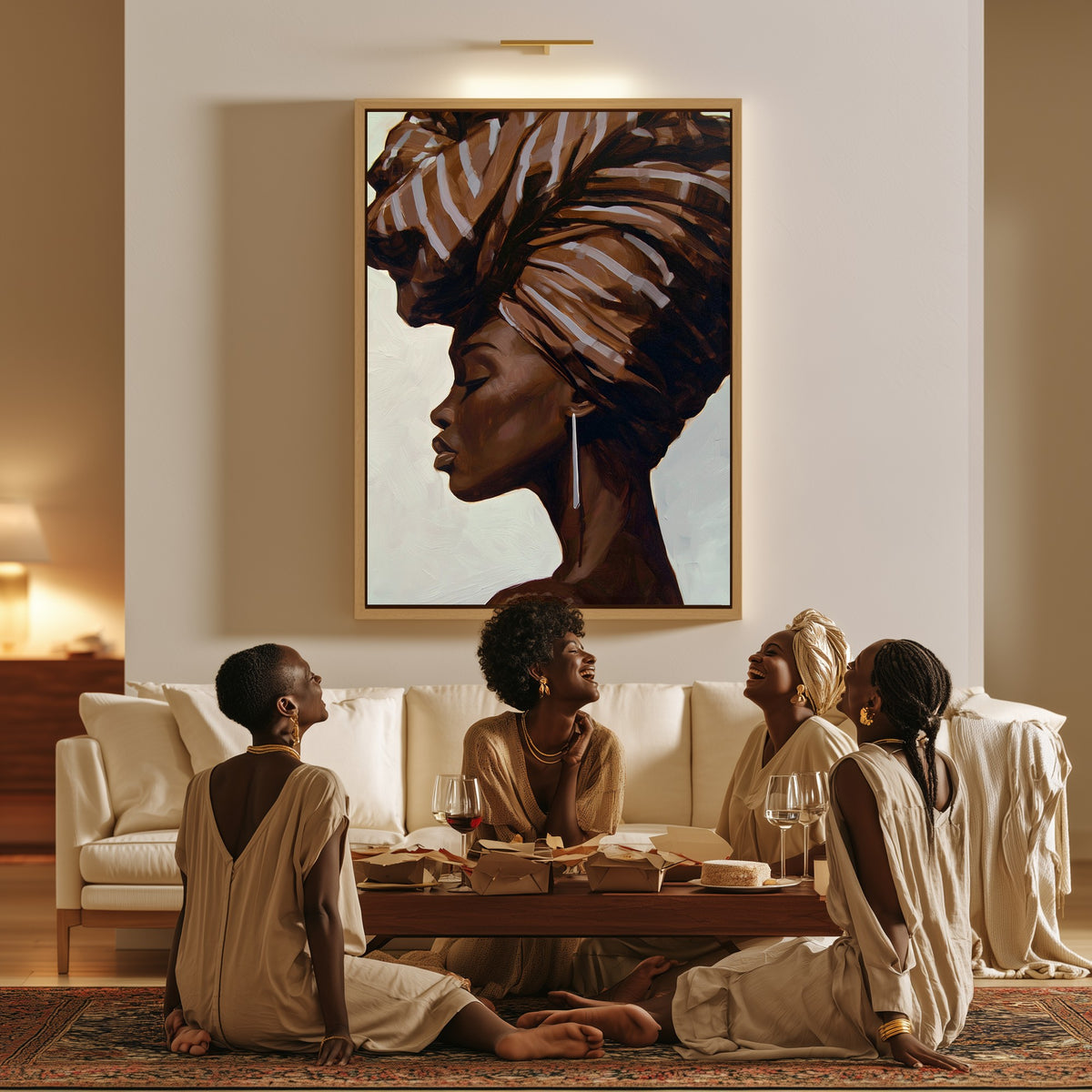 Profile in Umber canvas in a living room, a family sitting together on the floor