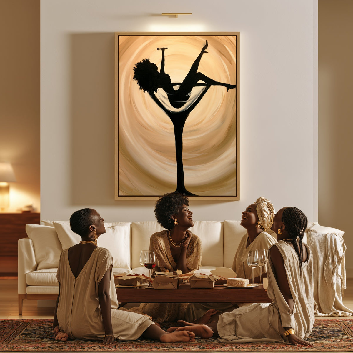 Woman in the Glass canvas in a living room, a family sitting together on the floor