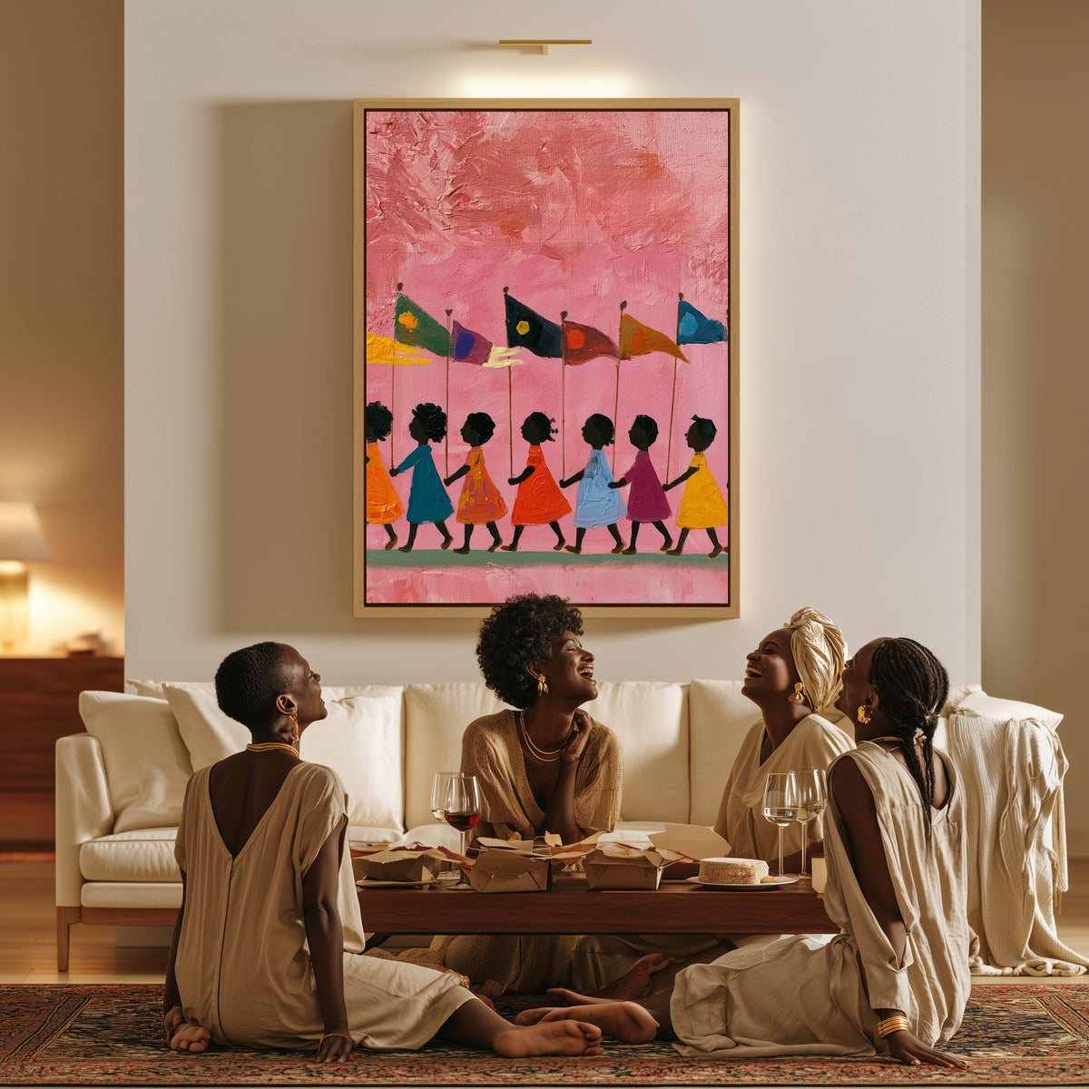 The Little Parade canvas in a living room, a family sitting together on the floor
