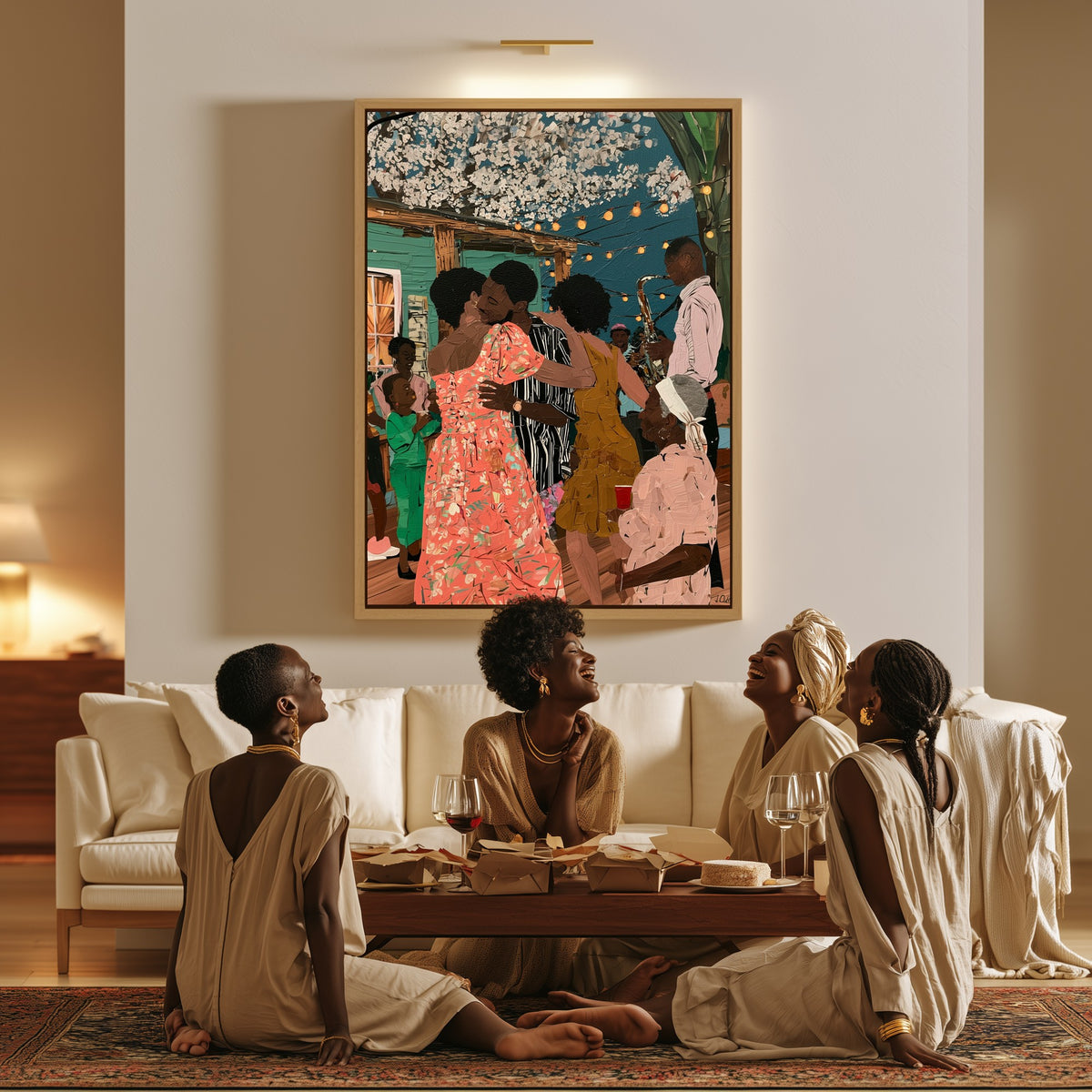 Party Under the Blossoms canvas in a living room, a family sitting together on the floor