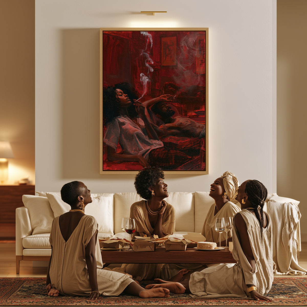 Smoke in the Parlour canvas in a living room, a family sitting together on the floor