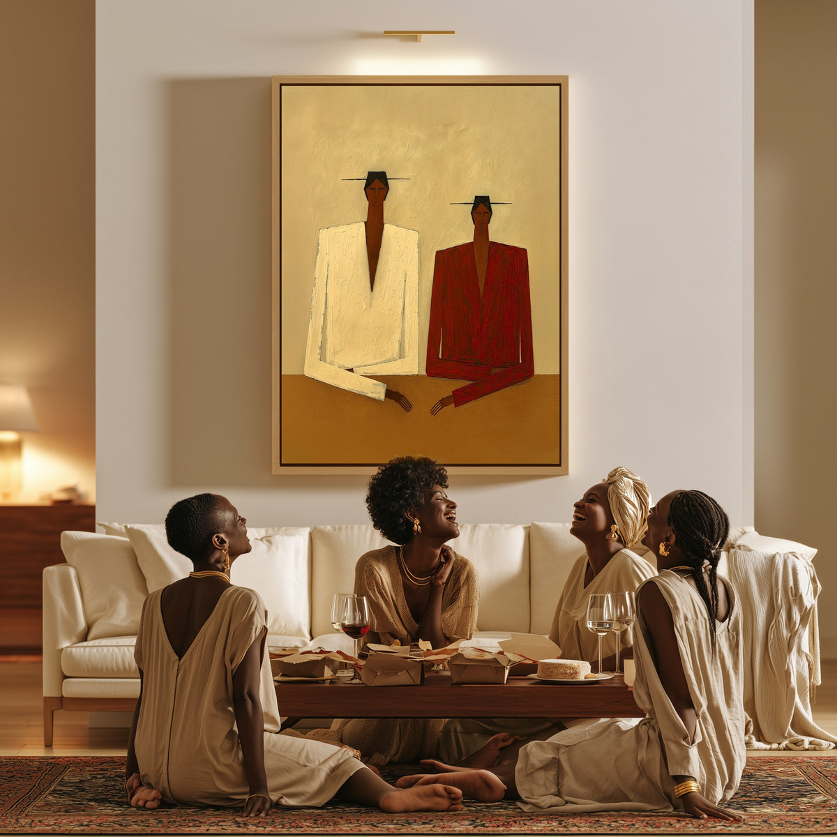 An Afternoon Sitting canvas in a living room, a family sitting together on the floor